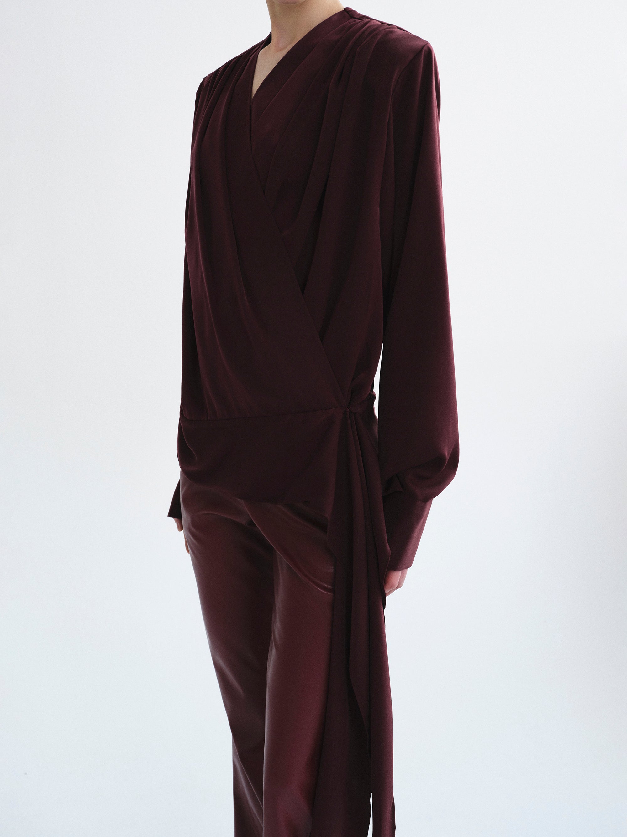 Callen Draped Satin Blouse, Burgundy