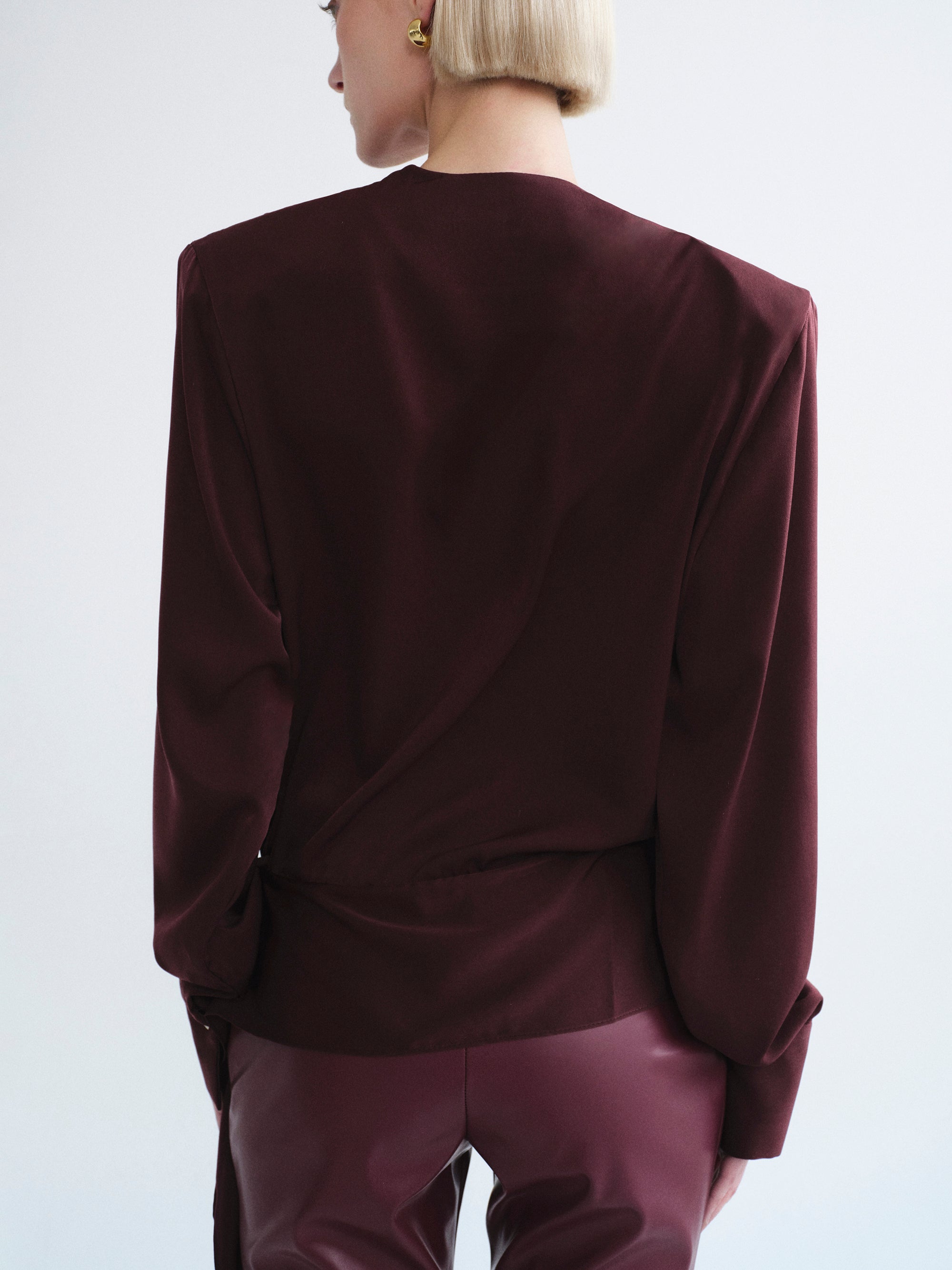 Callen Draped Satin Blouse, Burgundy