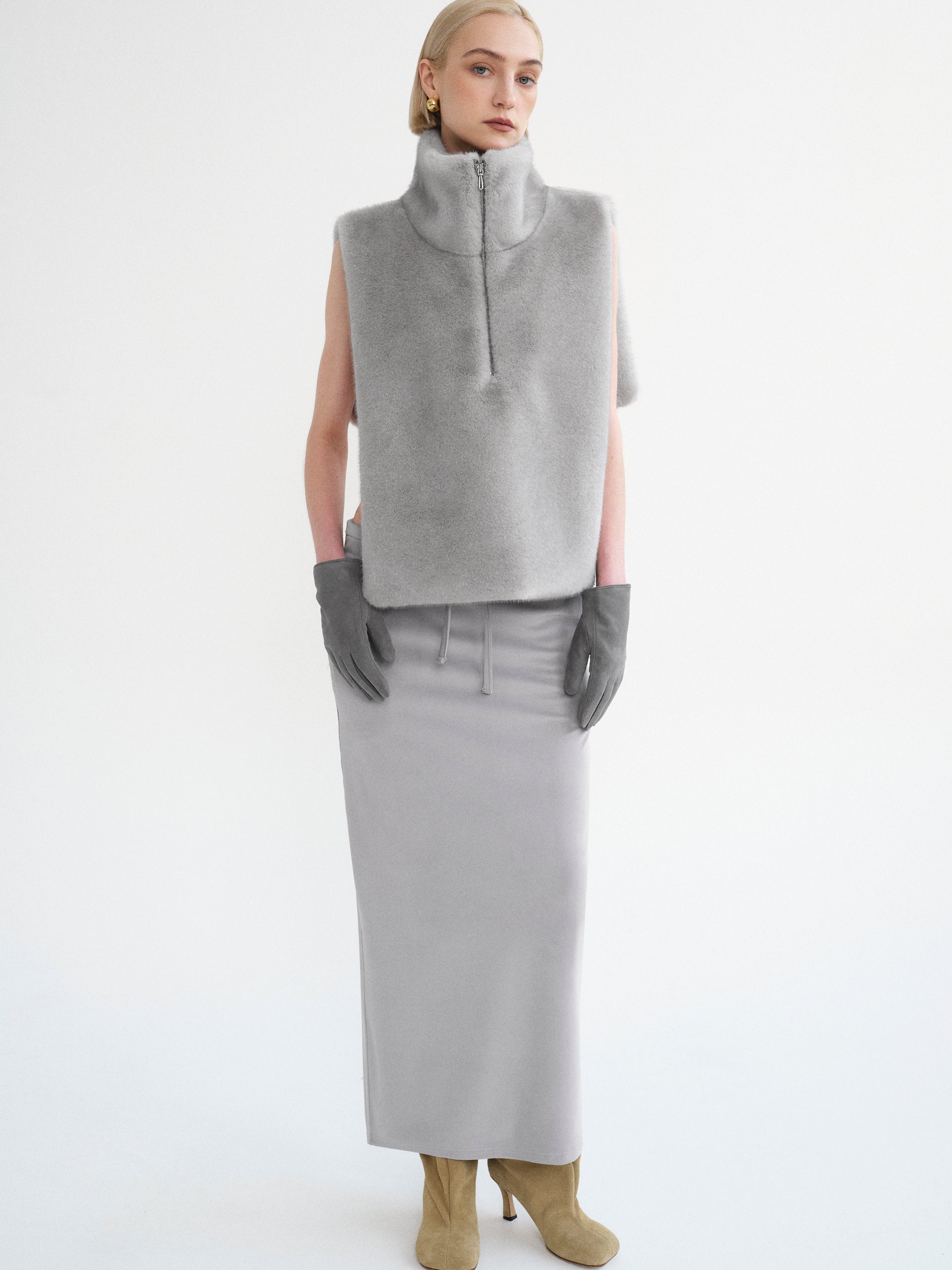 Half-Zip Faux-Fur Vest, Grey