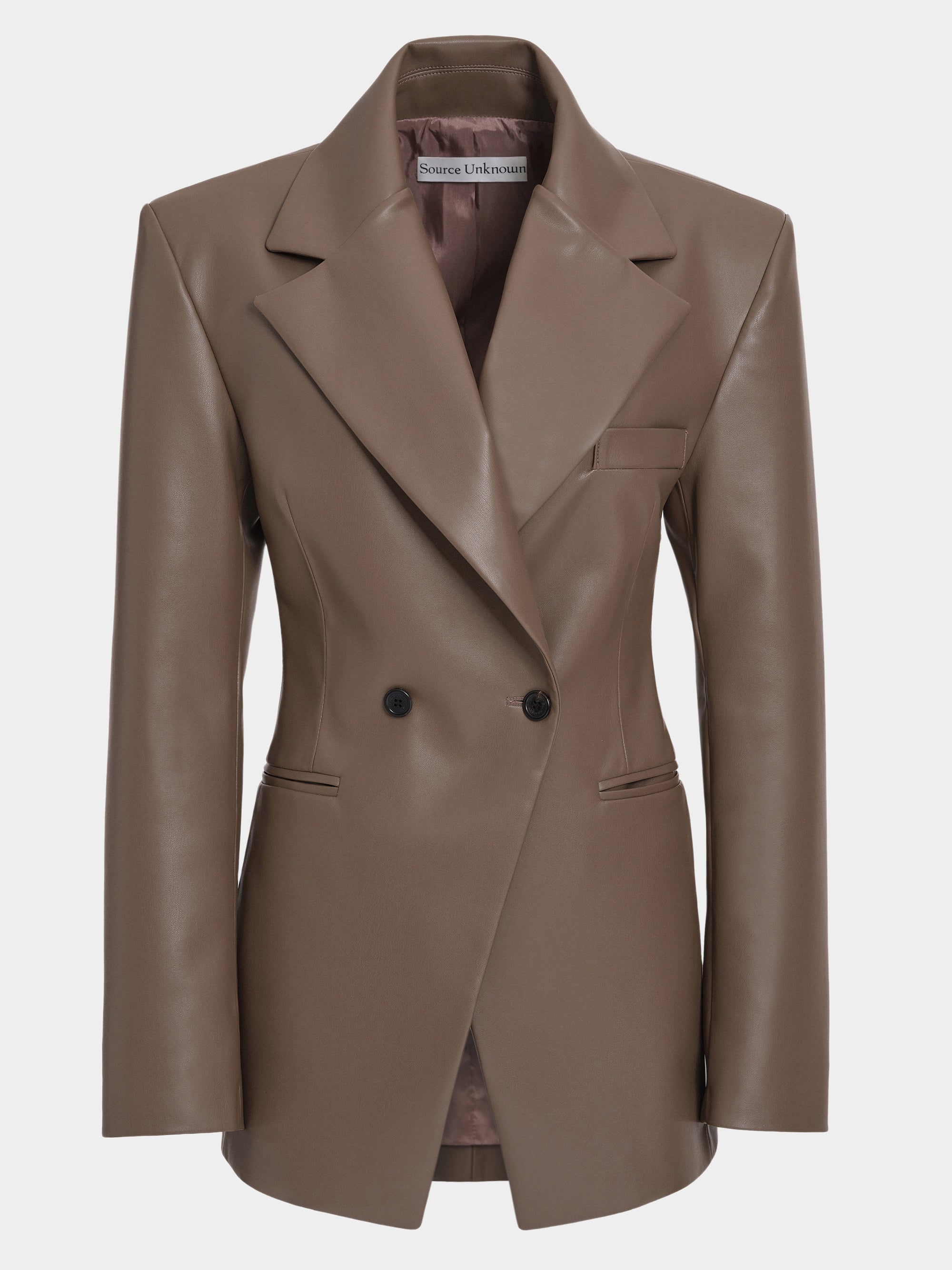 Nangy Faux-Leather Cinched Blazer, Mocha