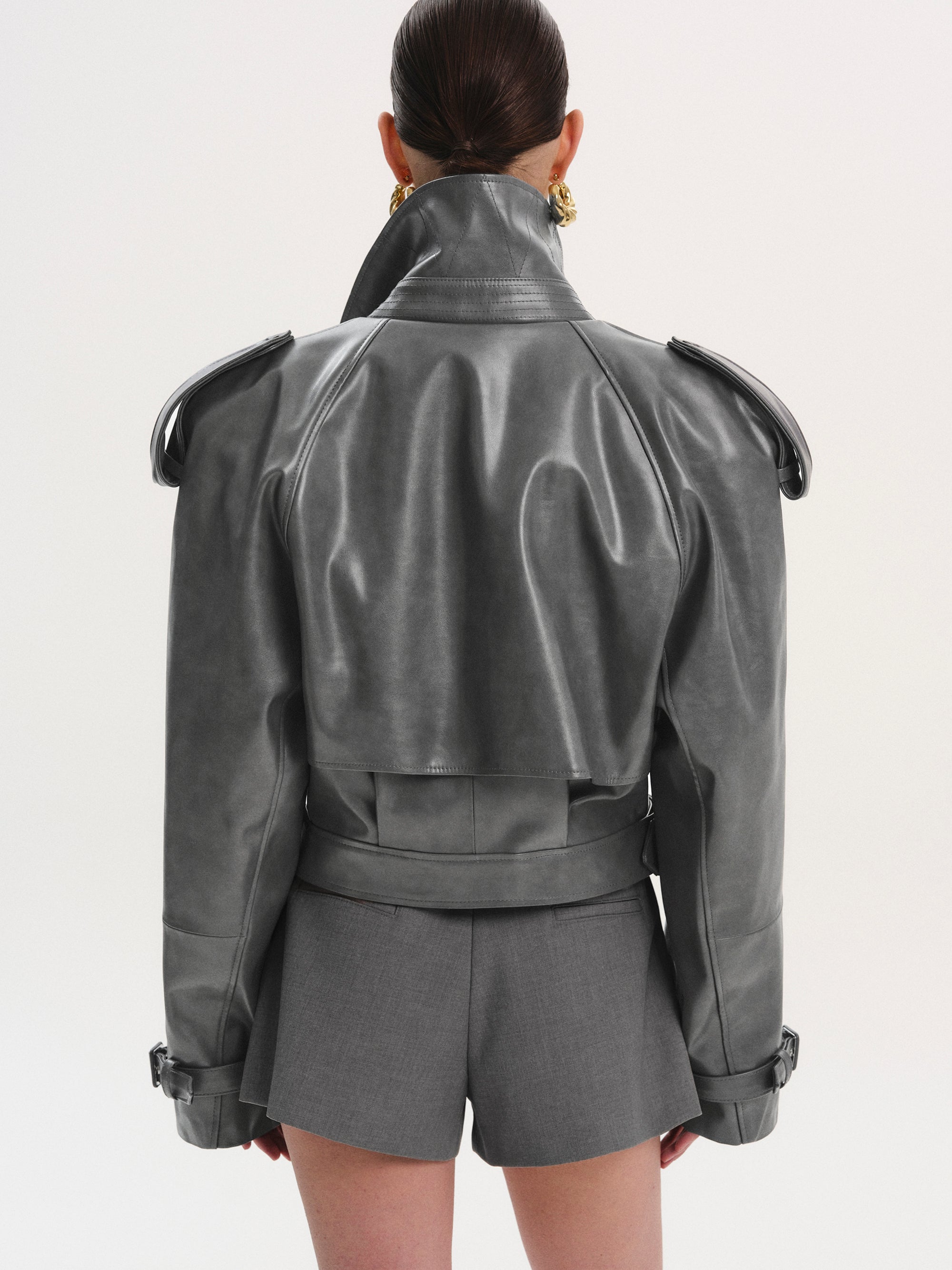 Notan Buckled Faux-Leather Cropped Jacket, Grey
