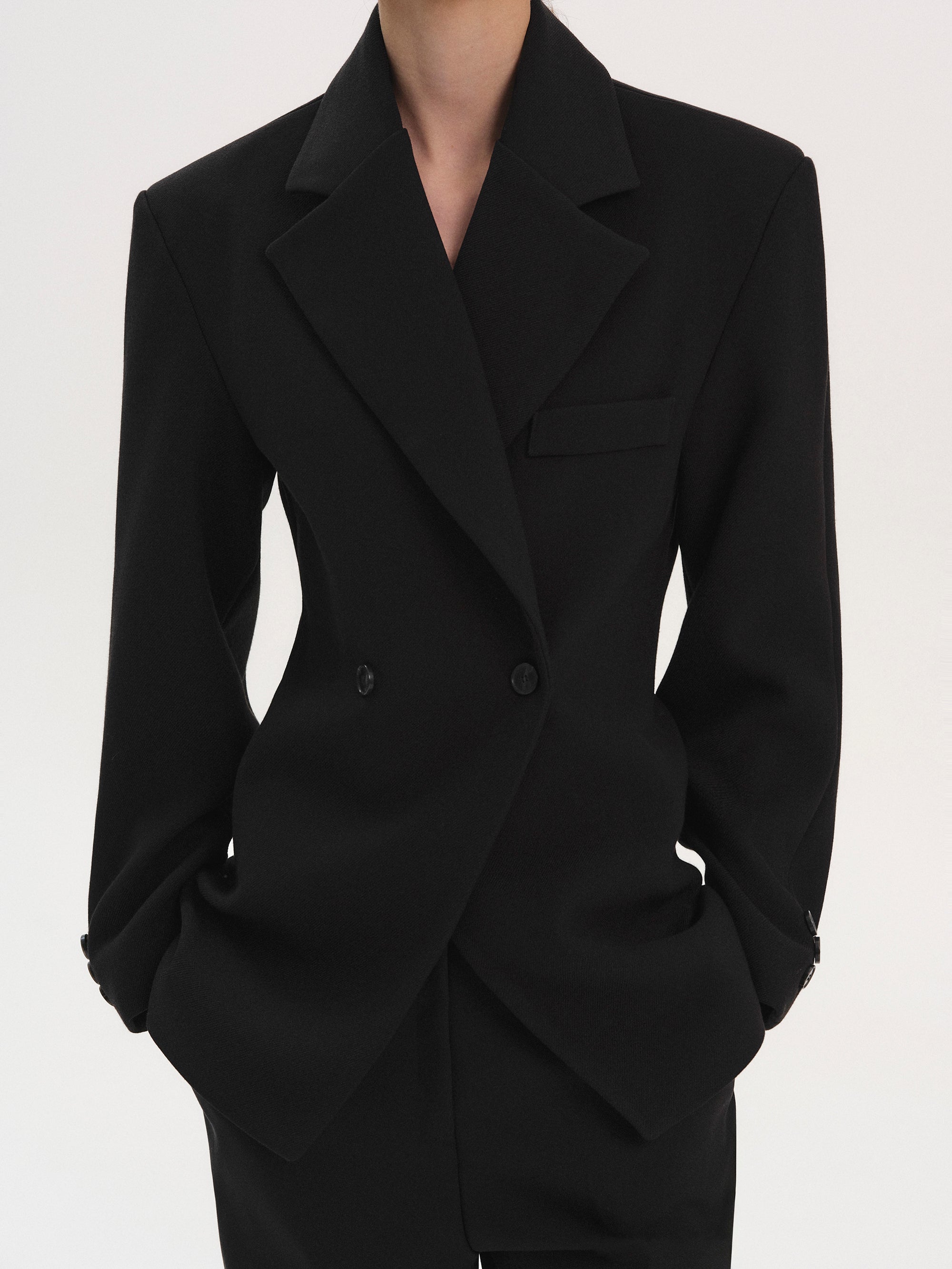 Nangy Double Breasted Cinched Blazer, Black – SourceUnknown