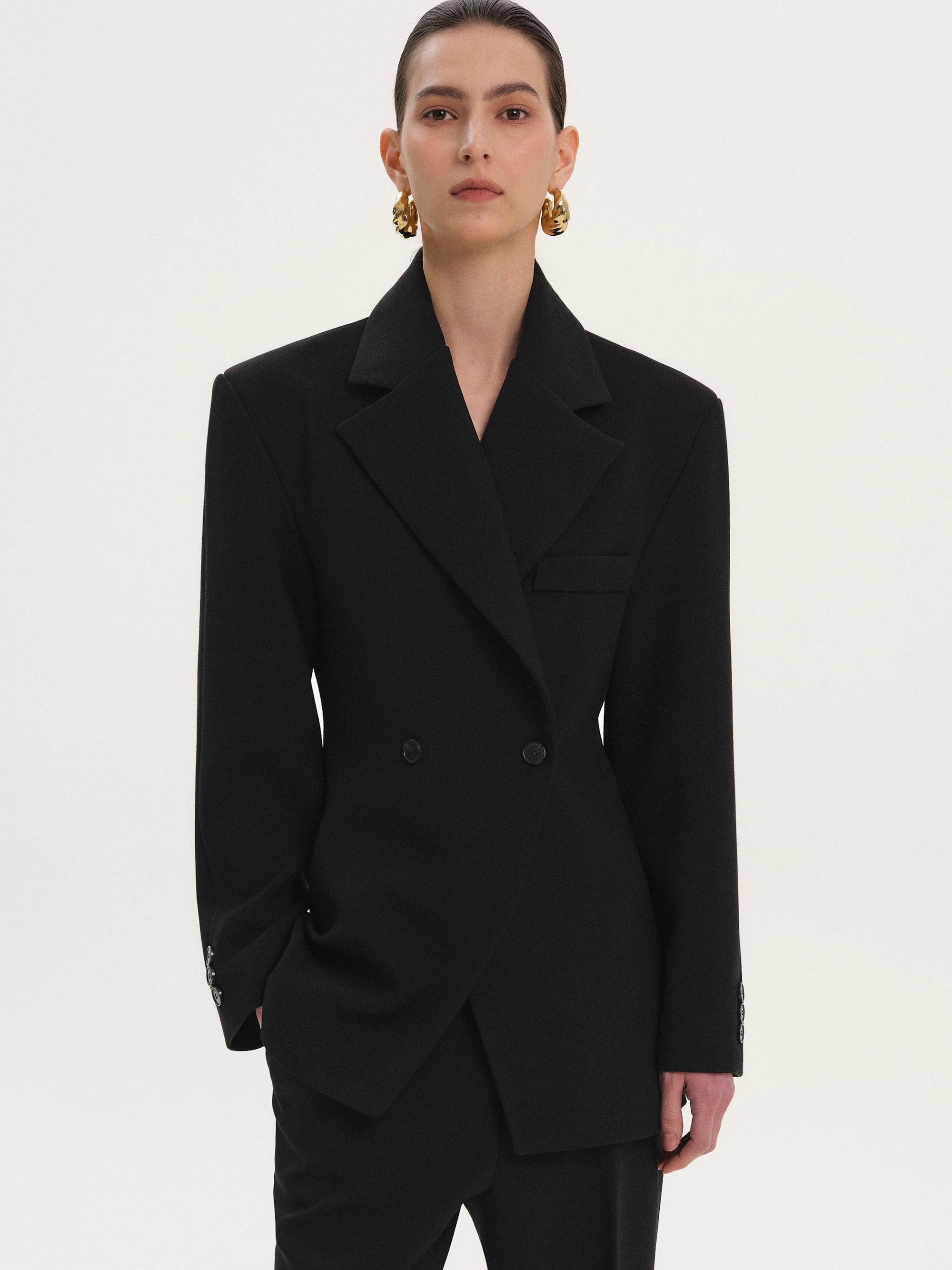 Nangy Double Breasted Cinched Blazer, Black