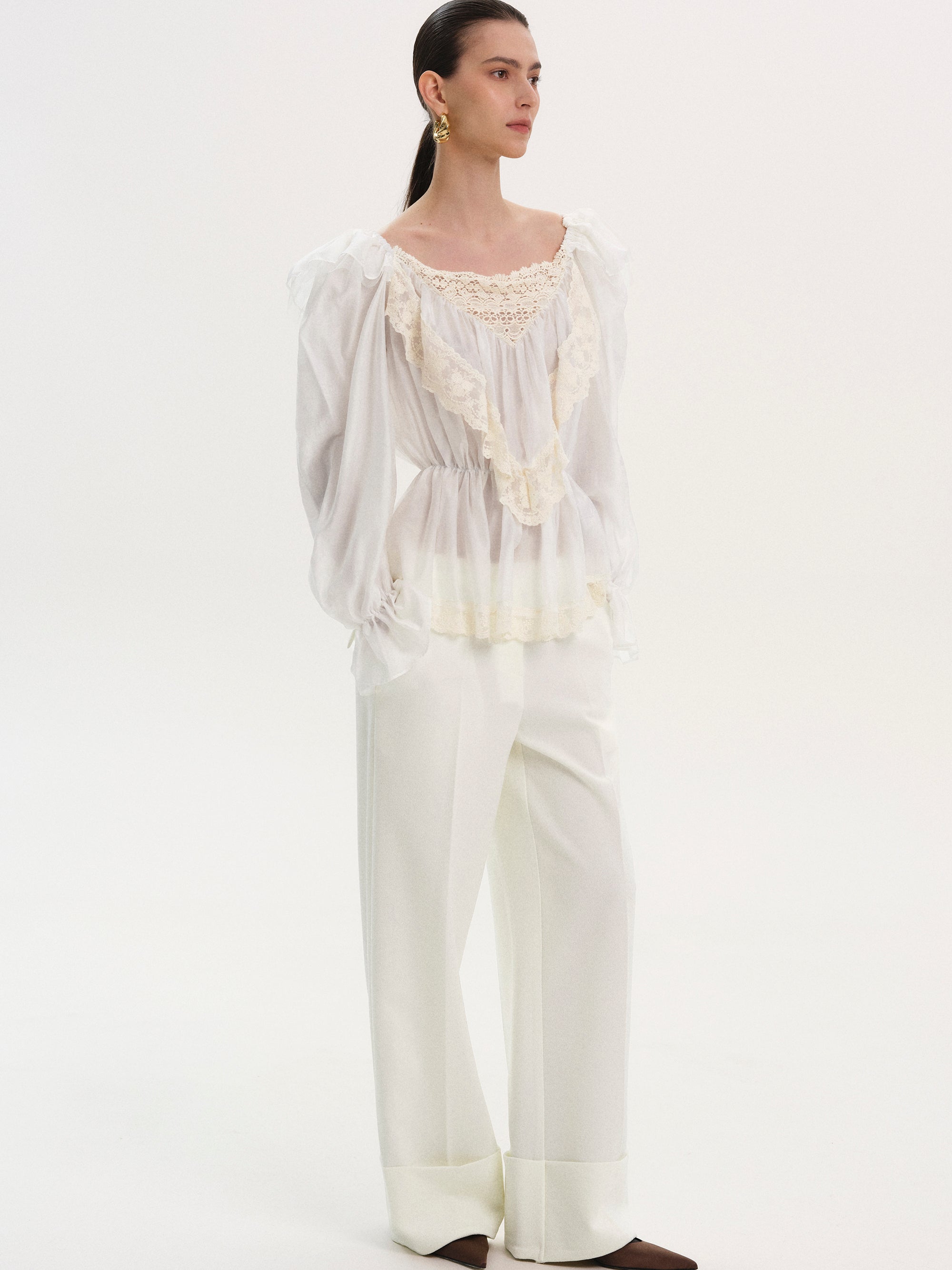 Broderie Lace Ruffle Blouse, Ivory