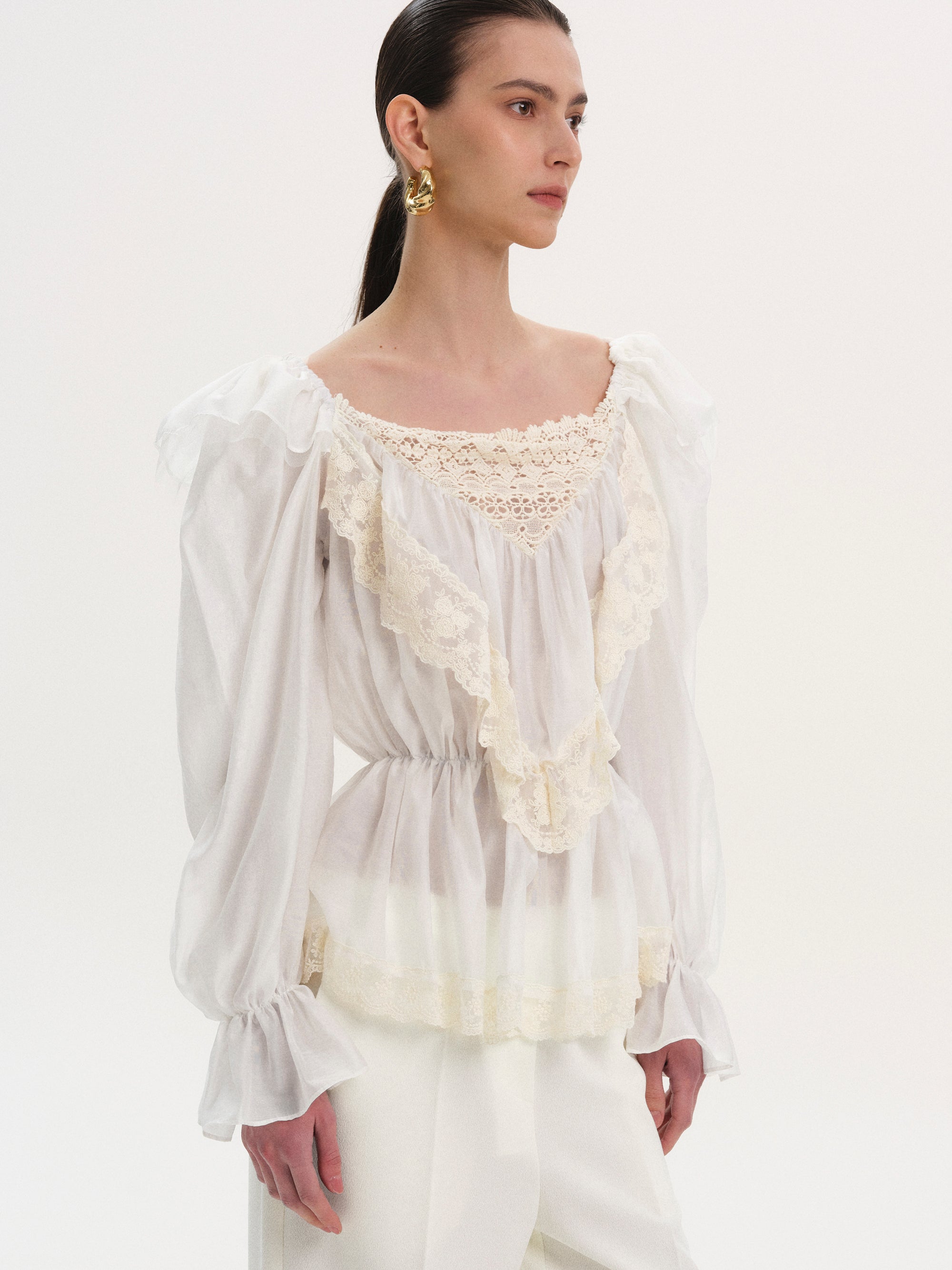 Broderie Lace Ruffle Blouse, Ivory