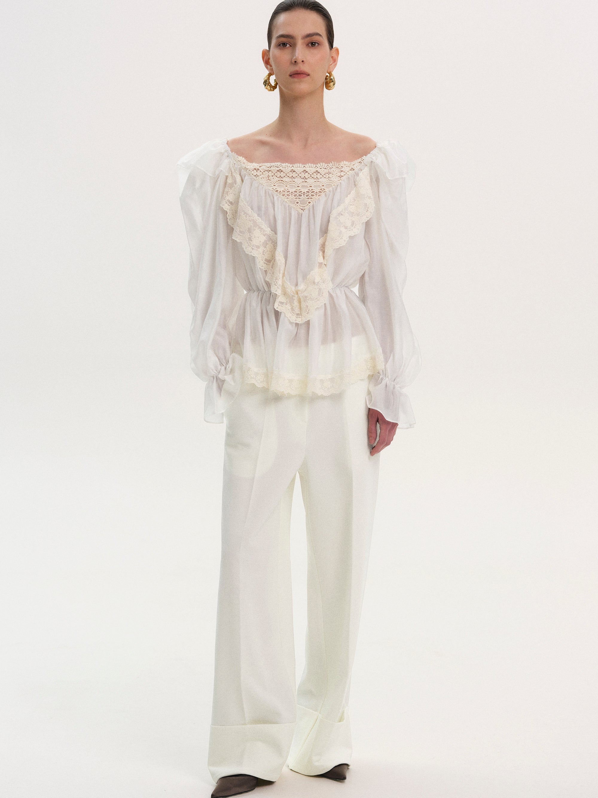 Broderie Lace Ruffle Blouse, Ivory