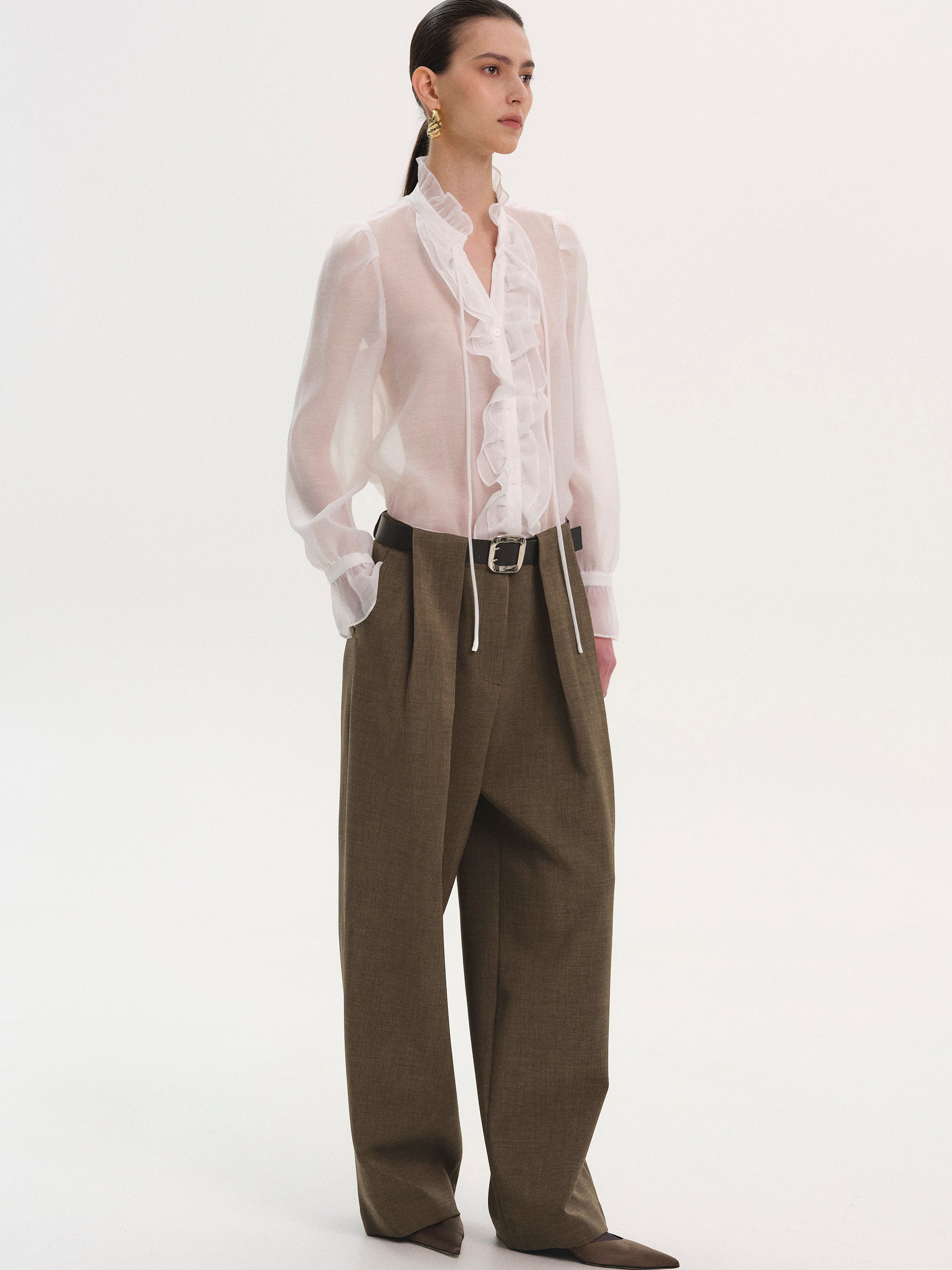 Matteo Belted Tuck Trousers, Brown