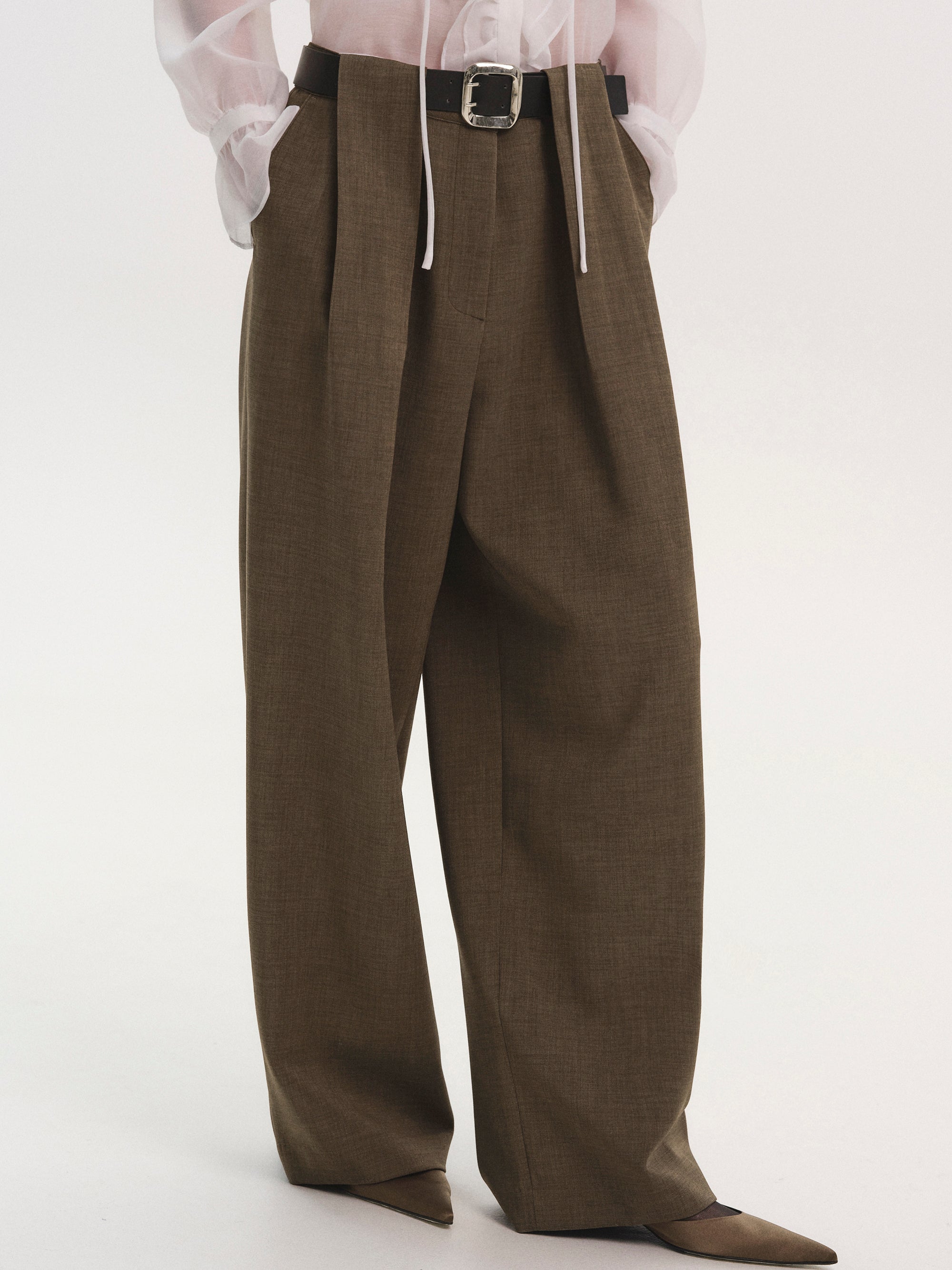 Matteo Belted Tuck Trousers, Brown