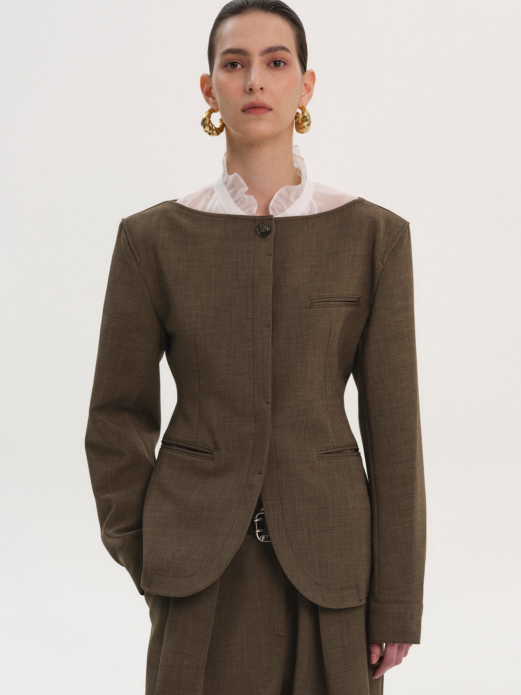 Matteo Boat Neck Cinched Blazer, Brown