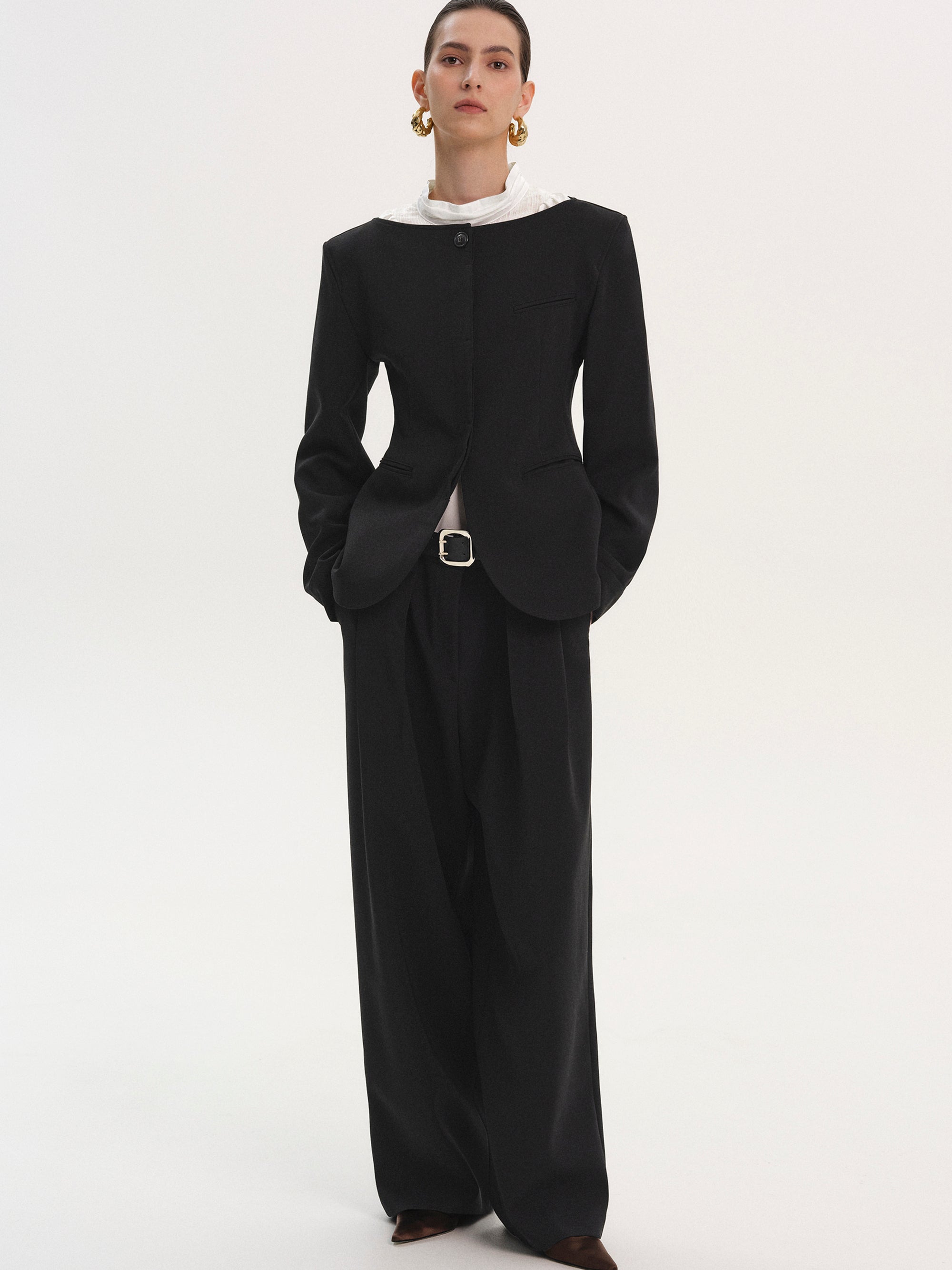 Matteo Boat Neck Cinched Blazer, Black