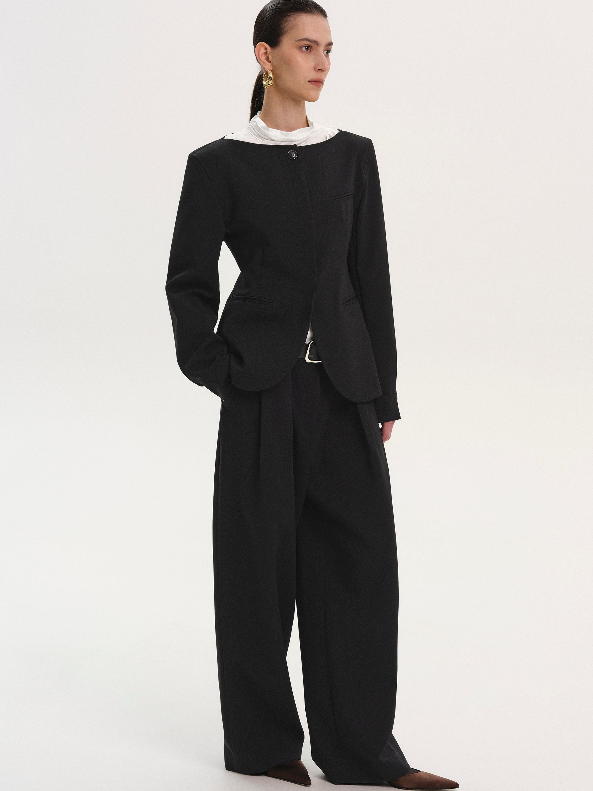 Matteo Boat Neck Cinched Blazer, Black