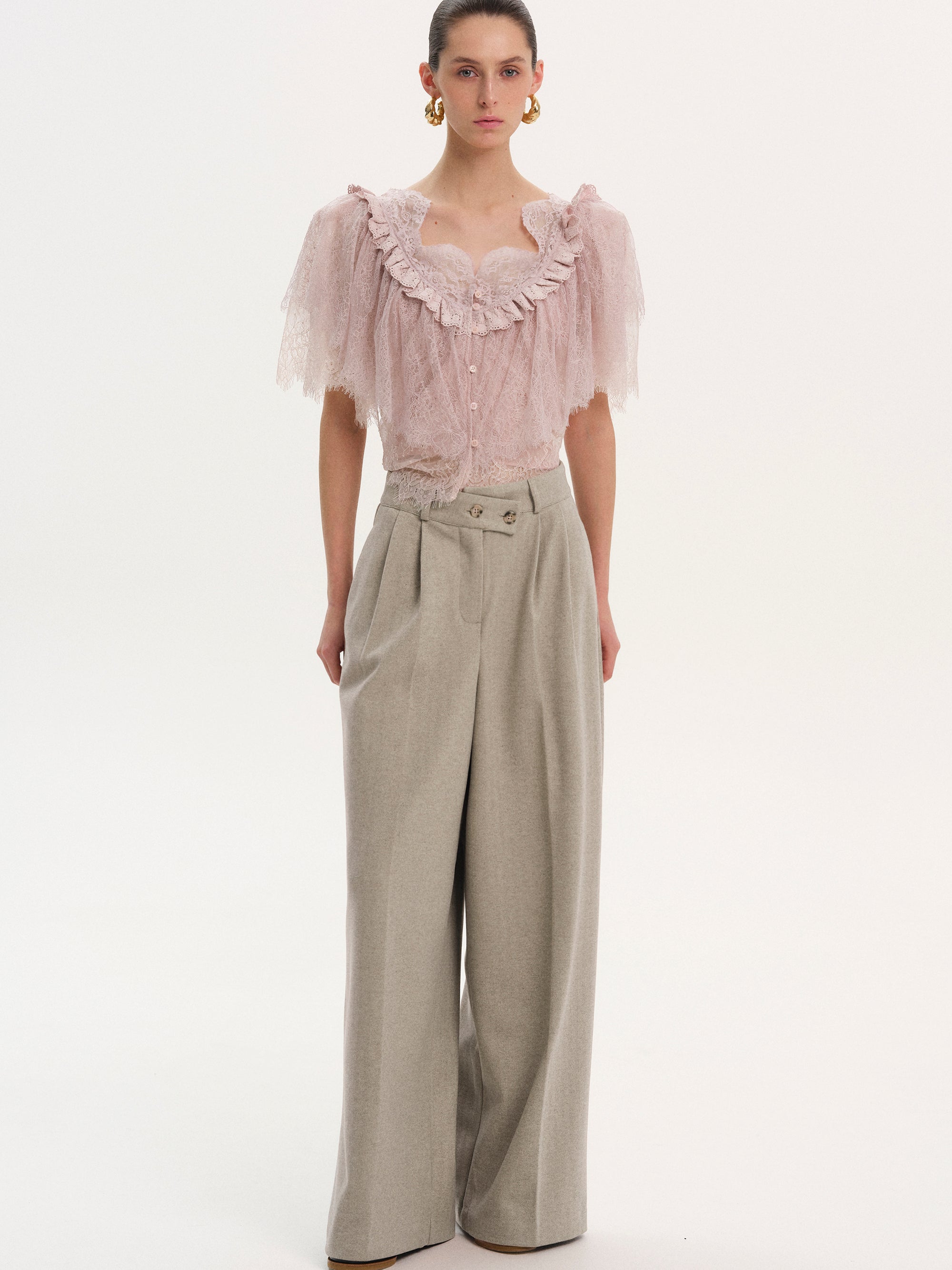 Wrap Button Trousers, Taupe