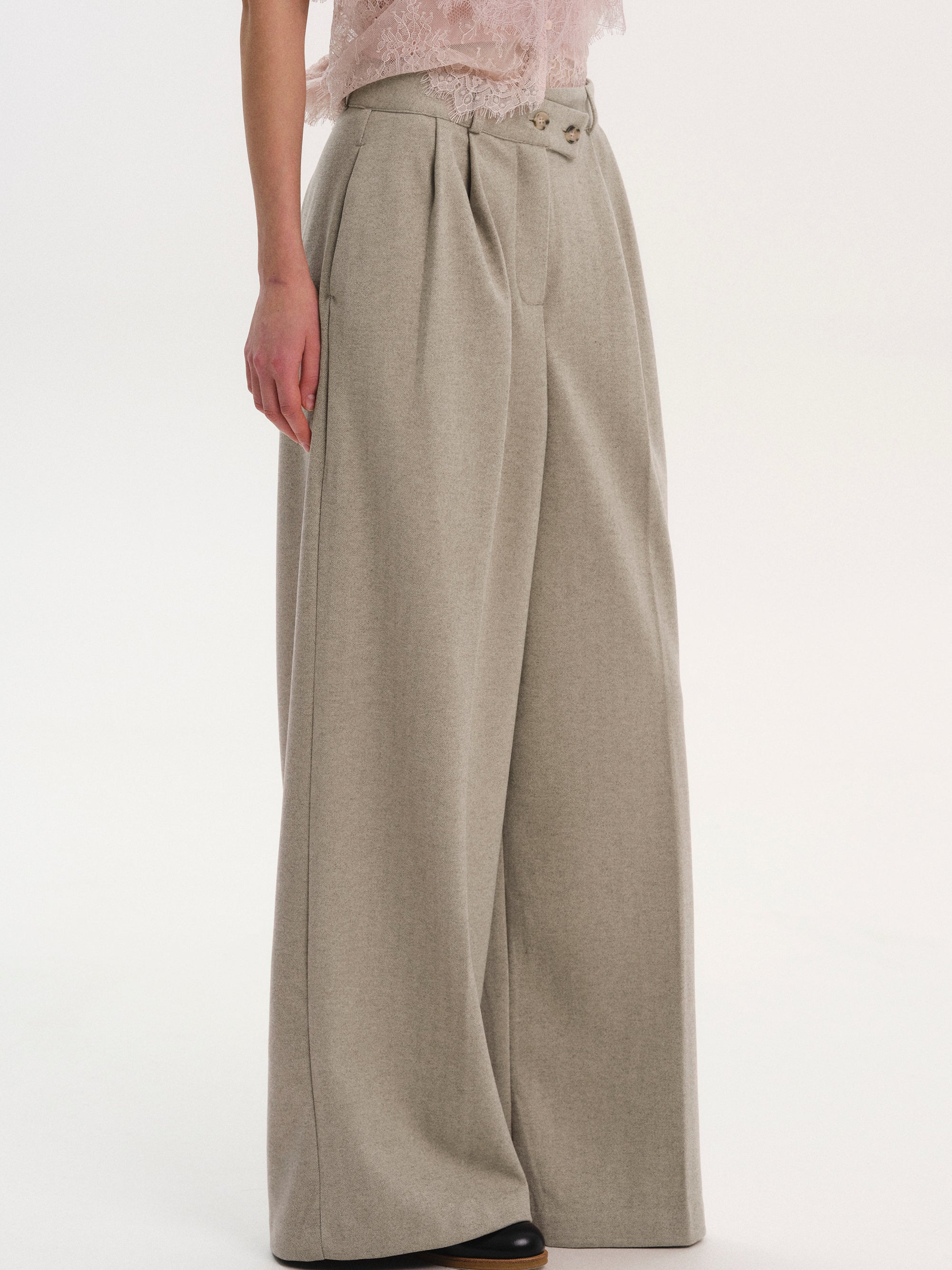 Wrap Button Trousers, Taupe