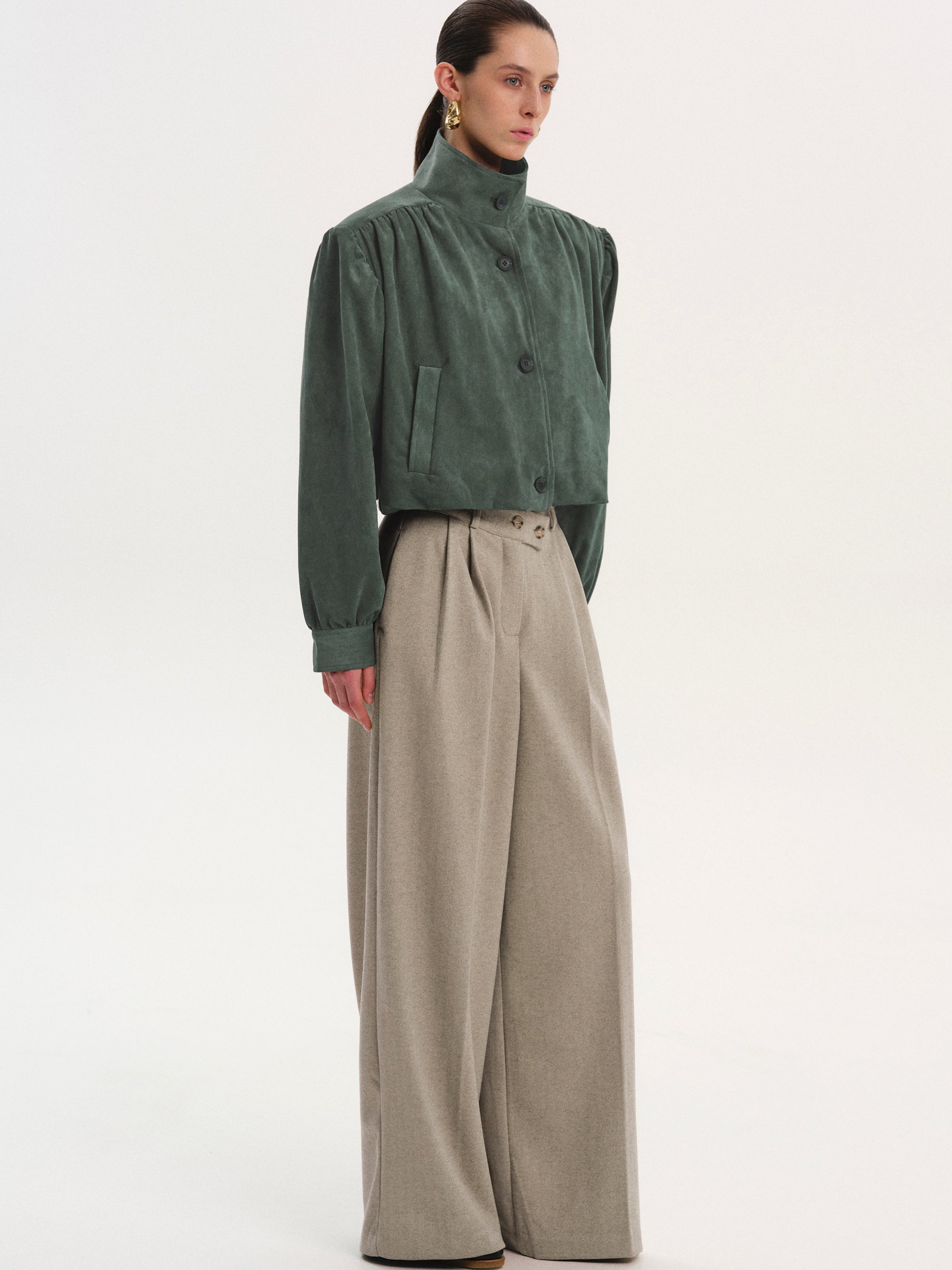Lalisa Ruched Suede Bomber, Taupe Grey