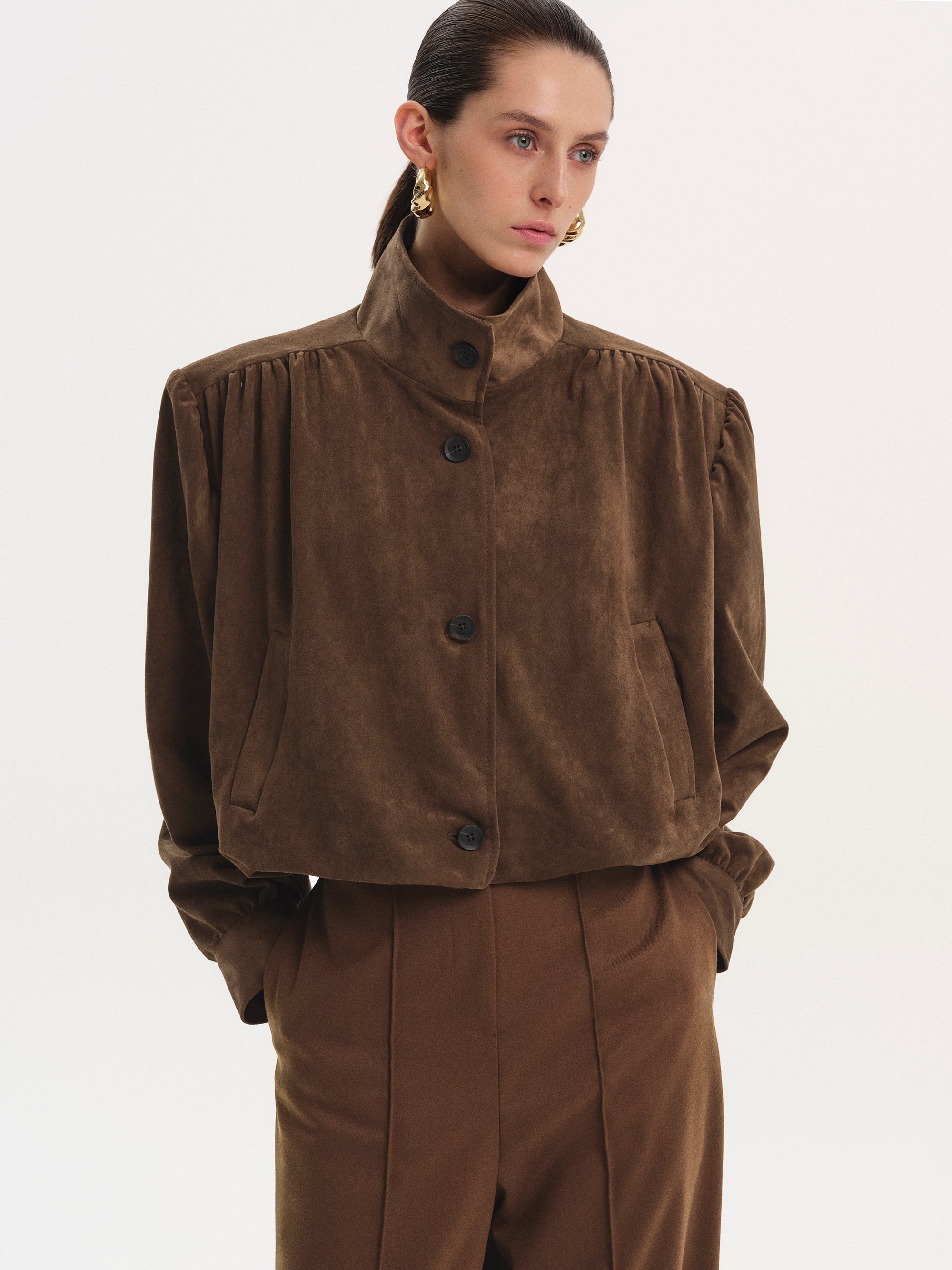 Lalisa Ruched Suede Bomber, Burnt Umber
