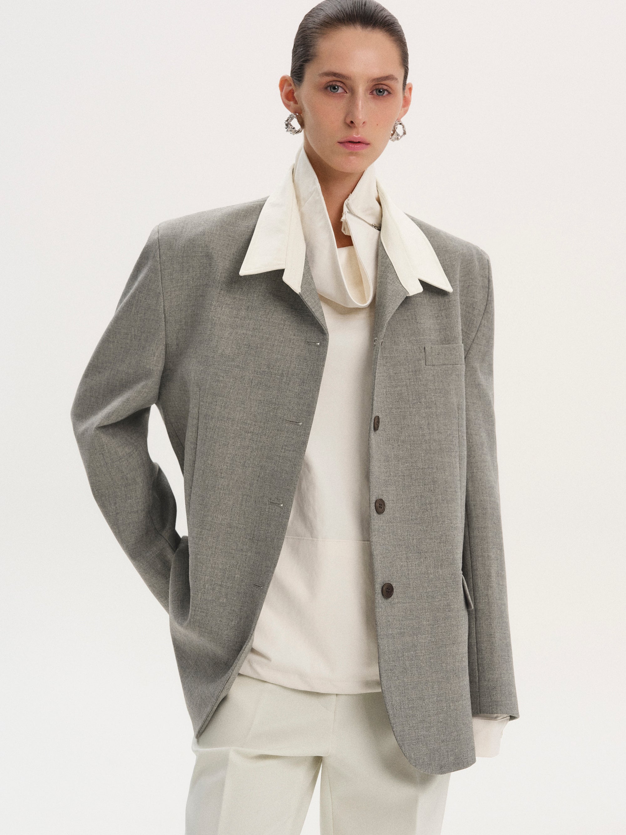 Shirt Collar Blazer, Grey Melange