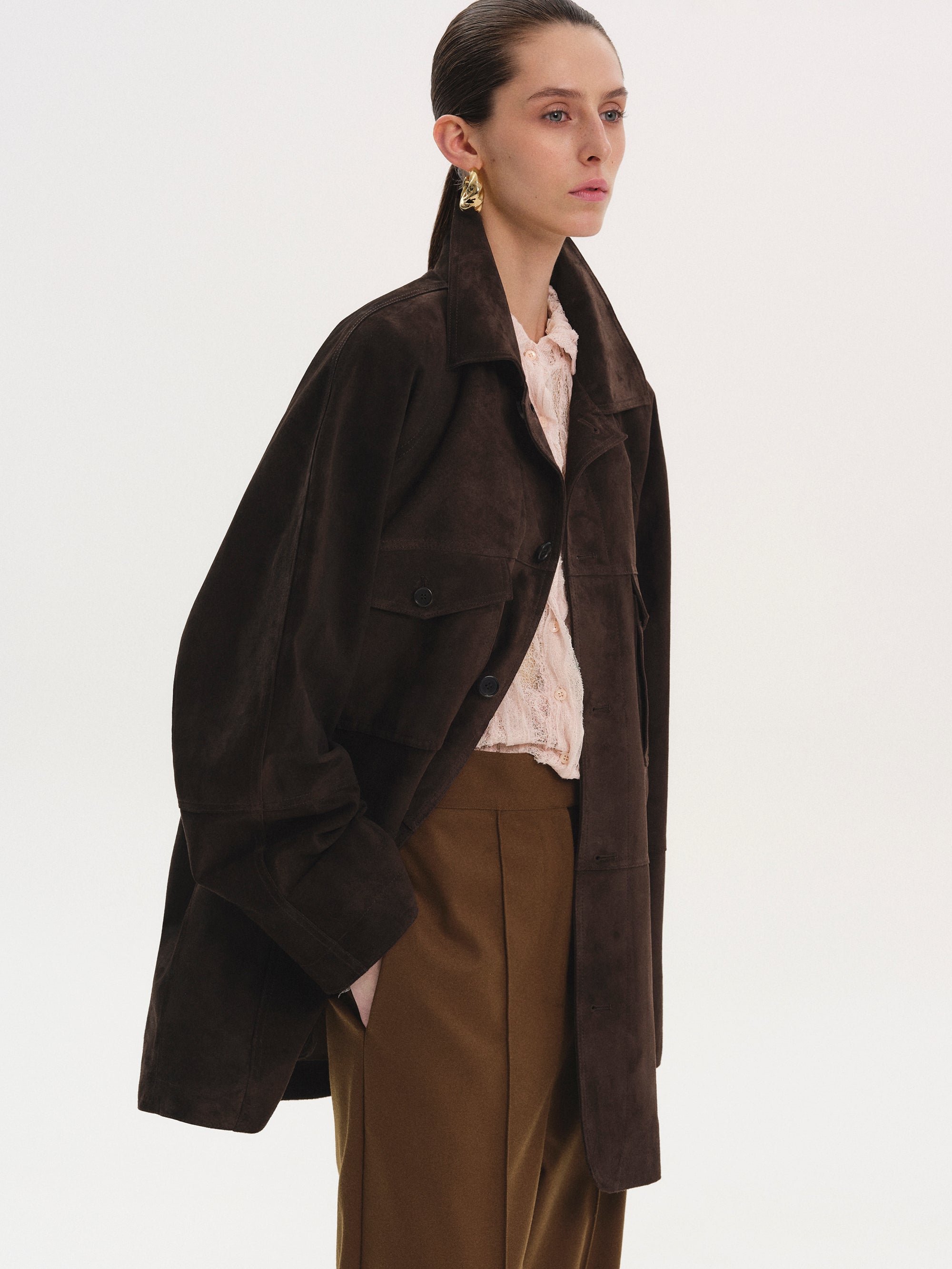Suede Field Shirt Jacket, Chocolate