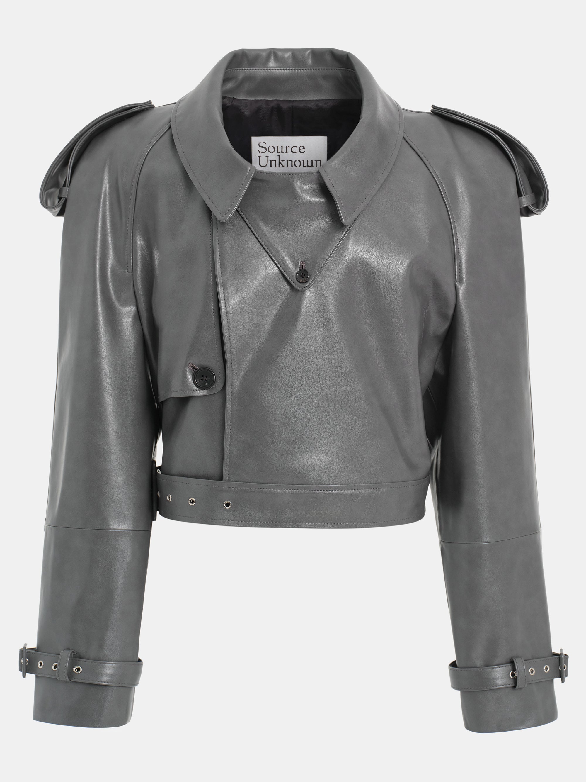 Notan Buckled Faux-Leather Cropped Jacket, Grey