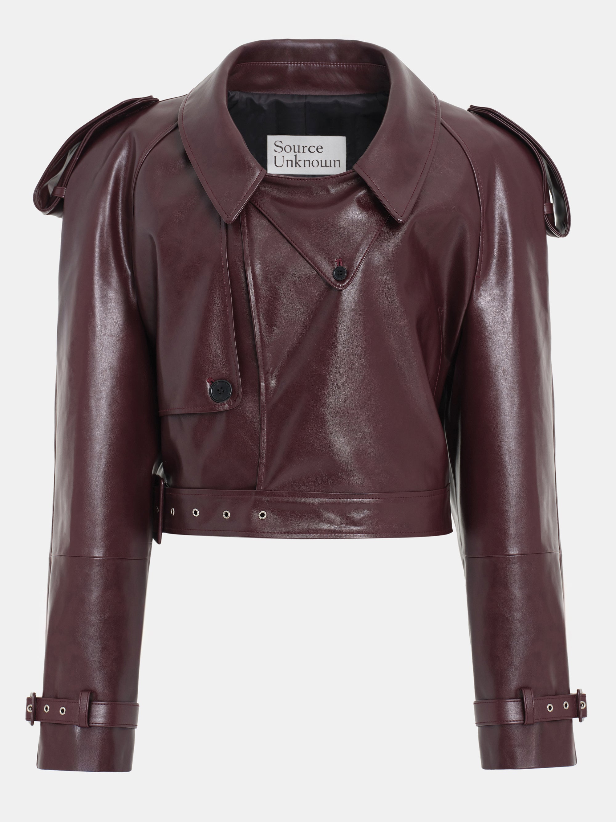 Notan Buckled Faux-Leather Cropped Jacket, Burgundy