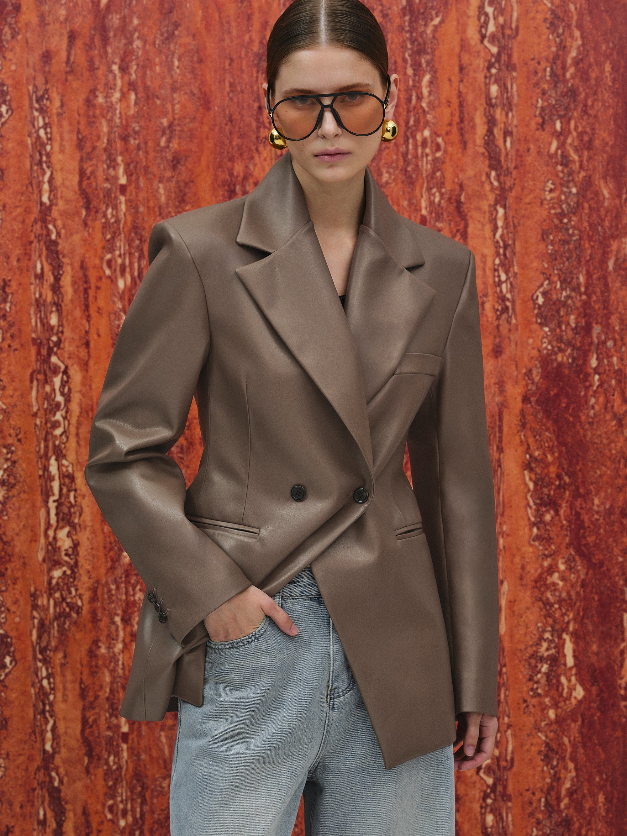 Nangy Faux-Leather Cinched Blazer, Mocha