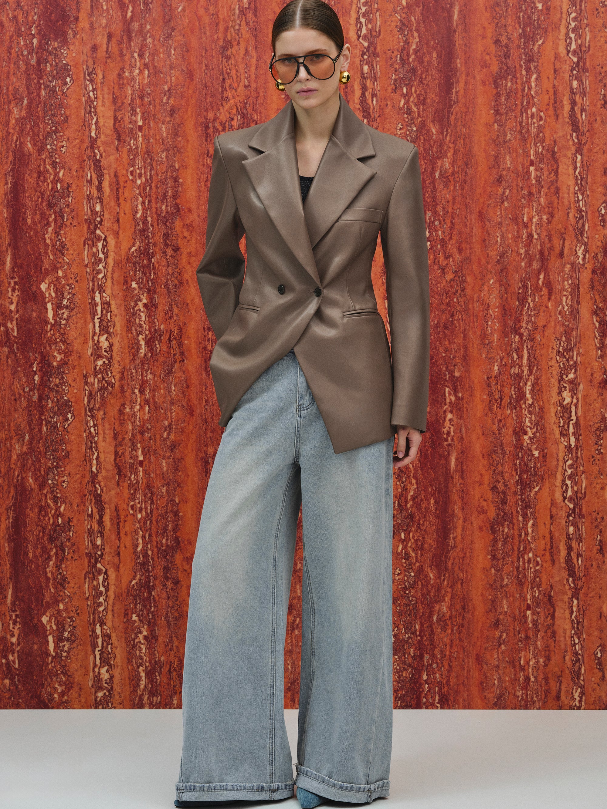 Nangy Faux-Leather Cinched Blazer, Mocha