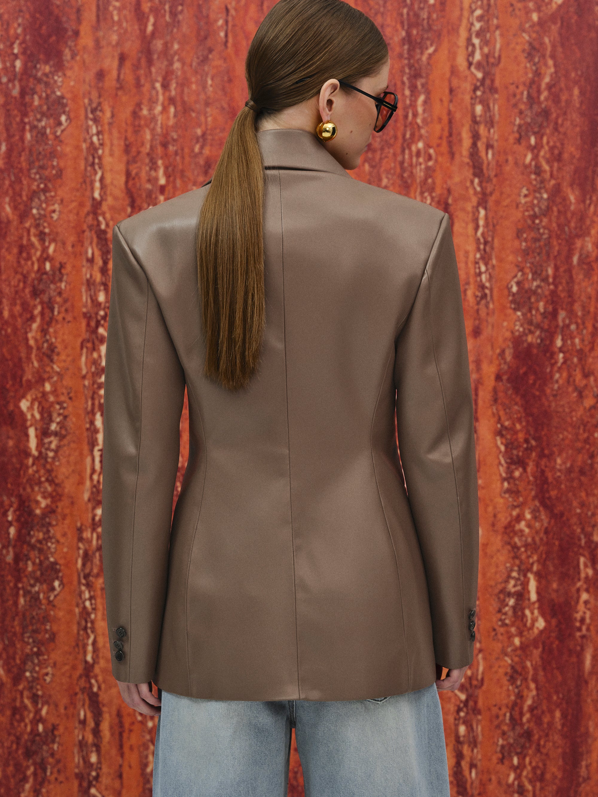 Nangy Faux-Leather Cinched Blazer, Mocha