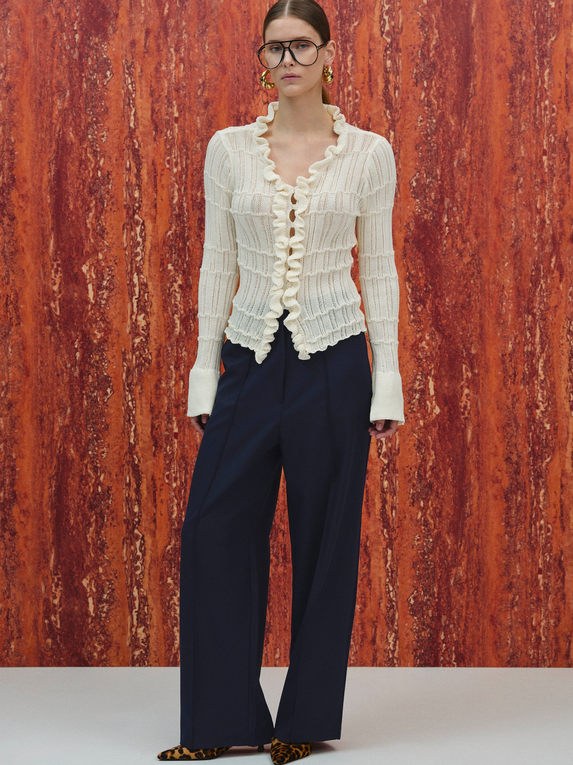 Frilled Knit Cardigan, Ivory