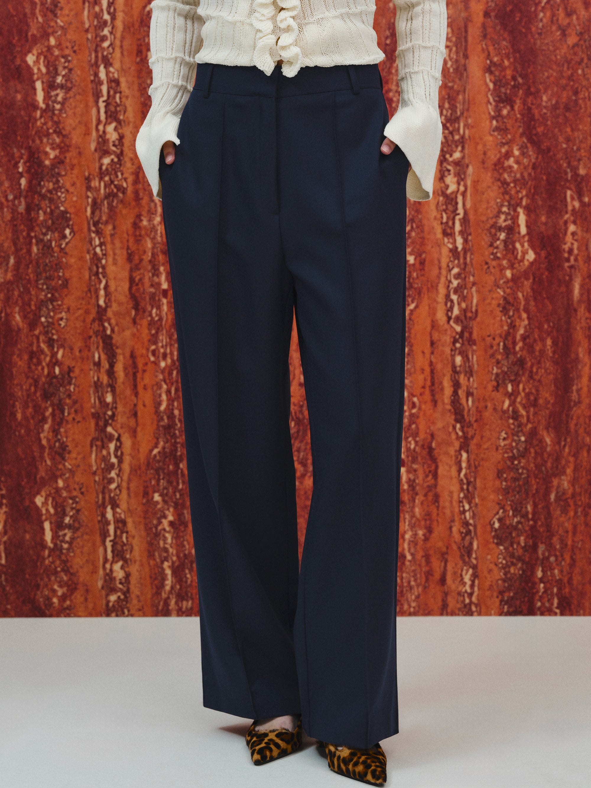 Creased Straight Trousers, Navy