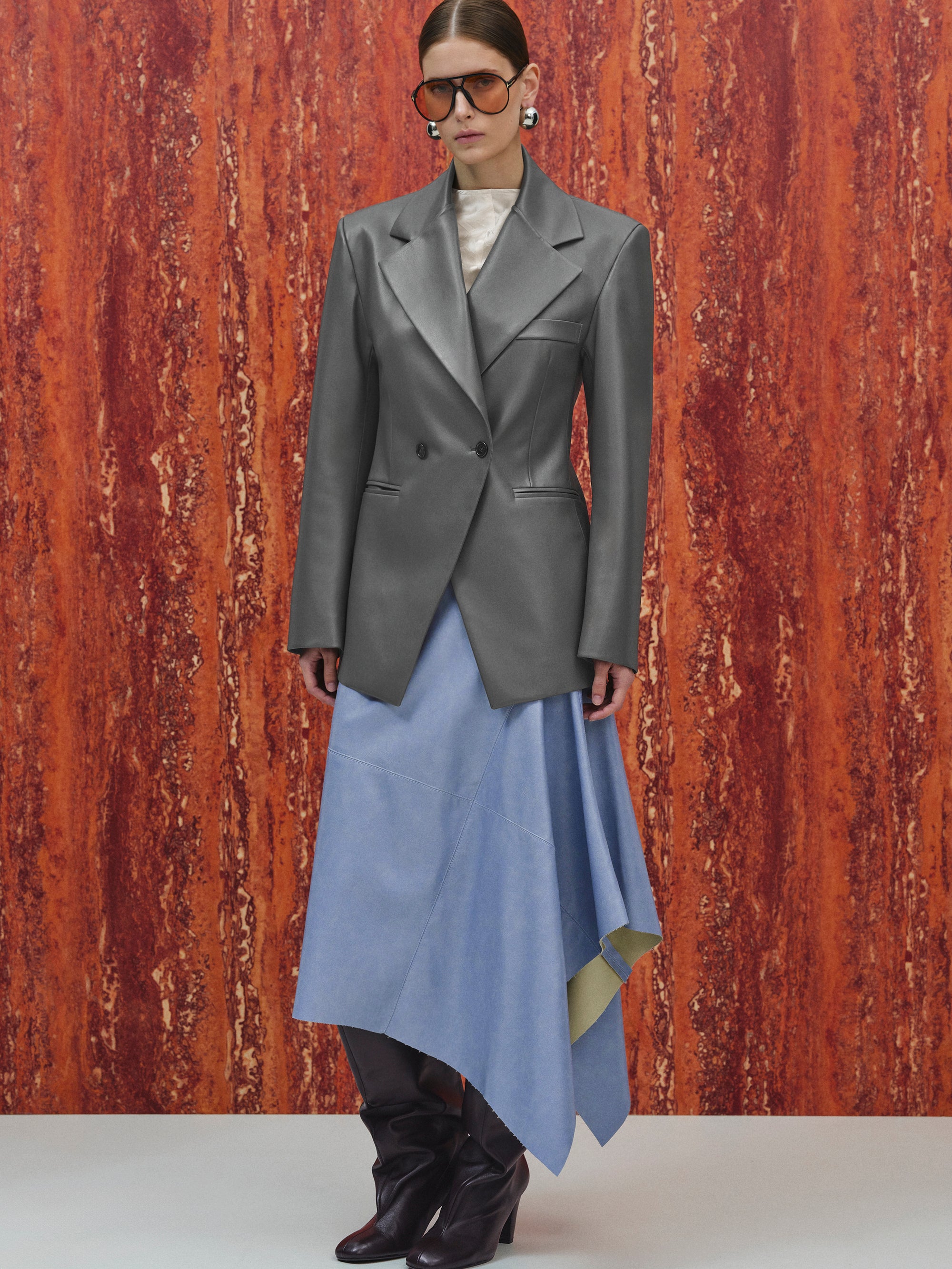 Nangy Faux-Leather Cinched Blazer, Grey