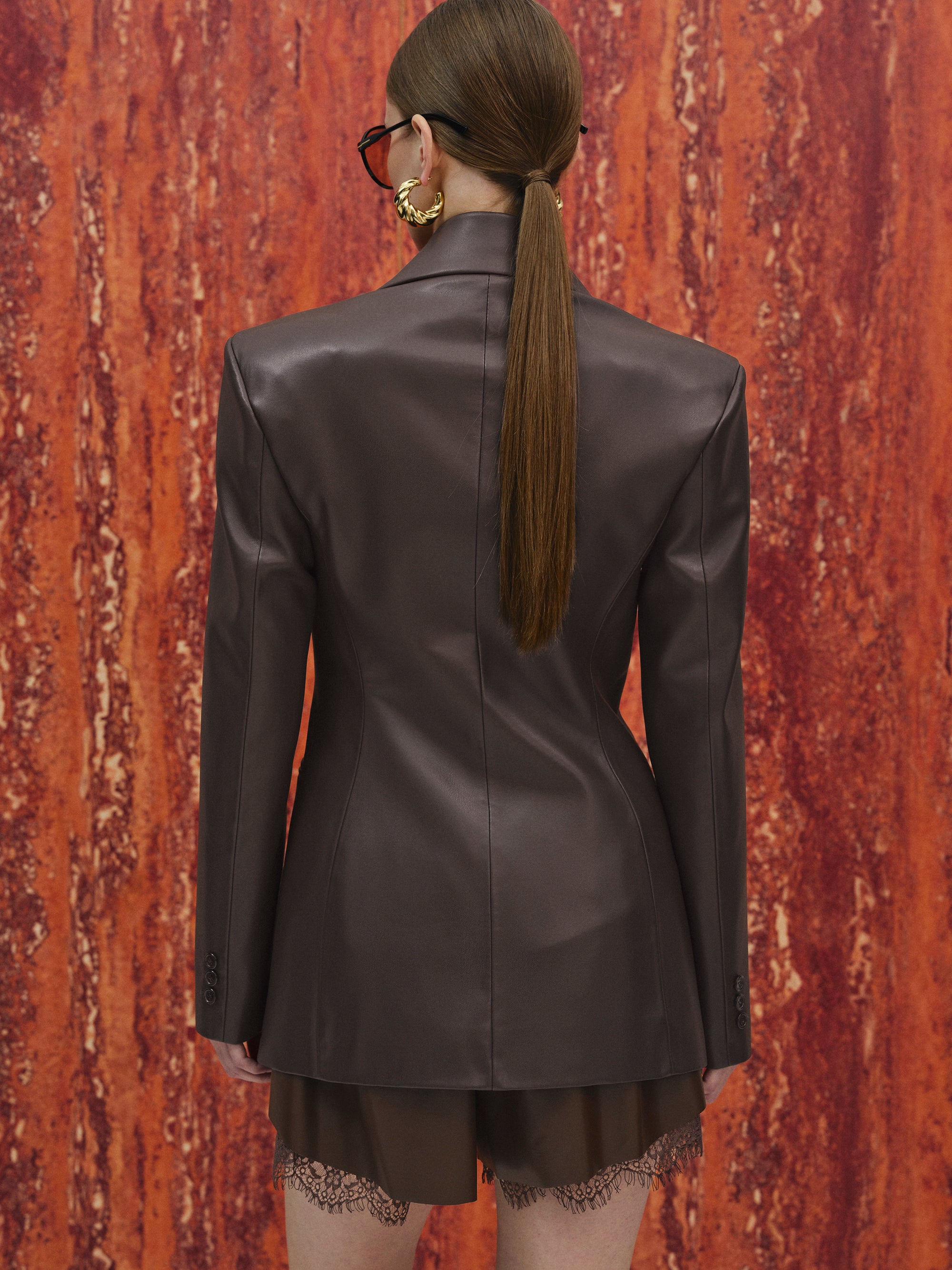 Nangy Faux-Leather Cinched Blazer, Chocolate