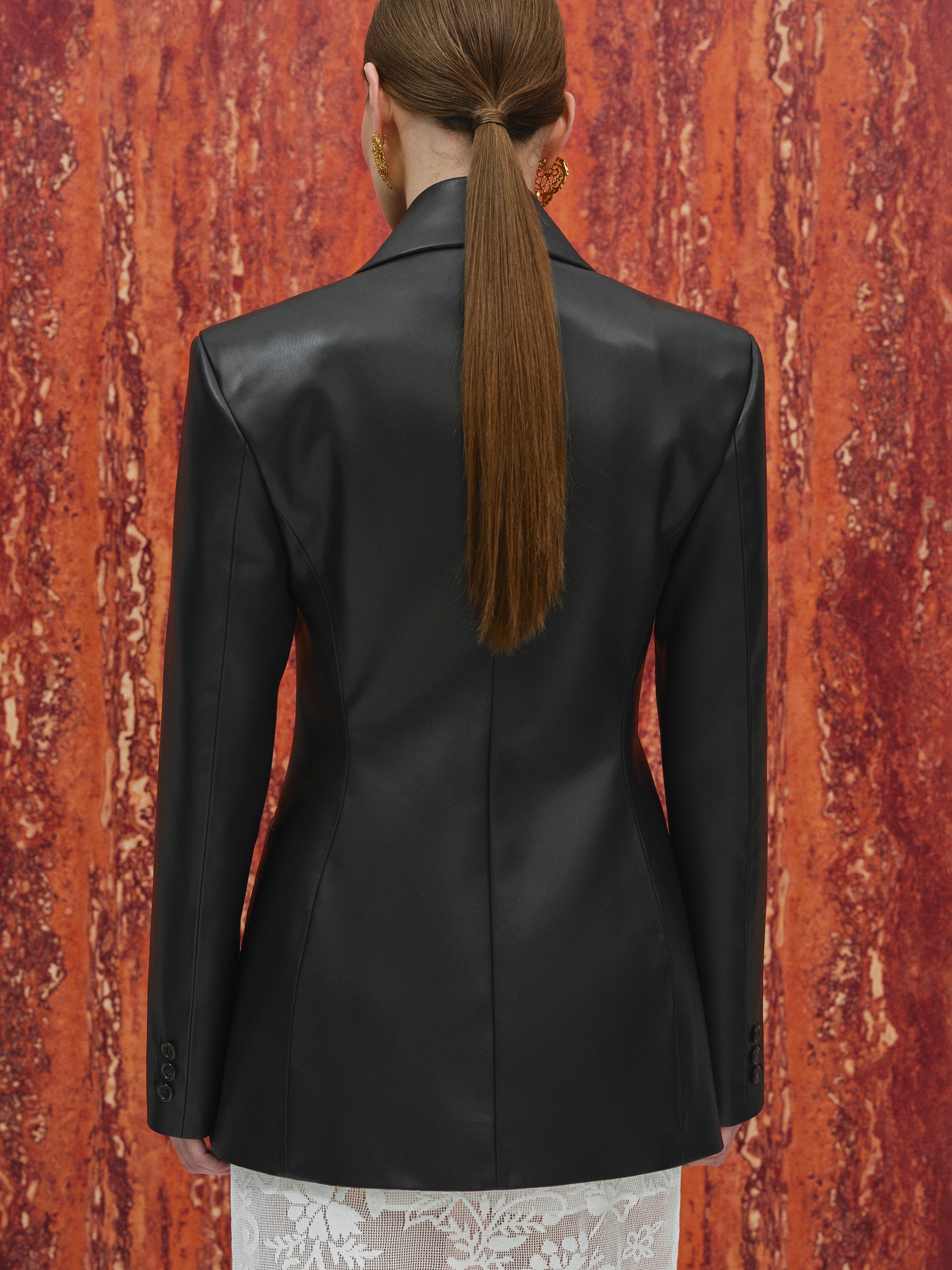 Nangy Faux-Leather Cinched Blazer, Black