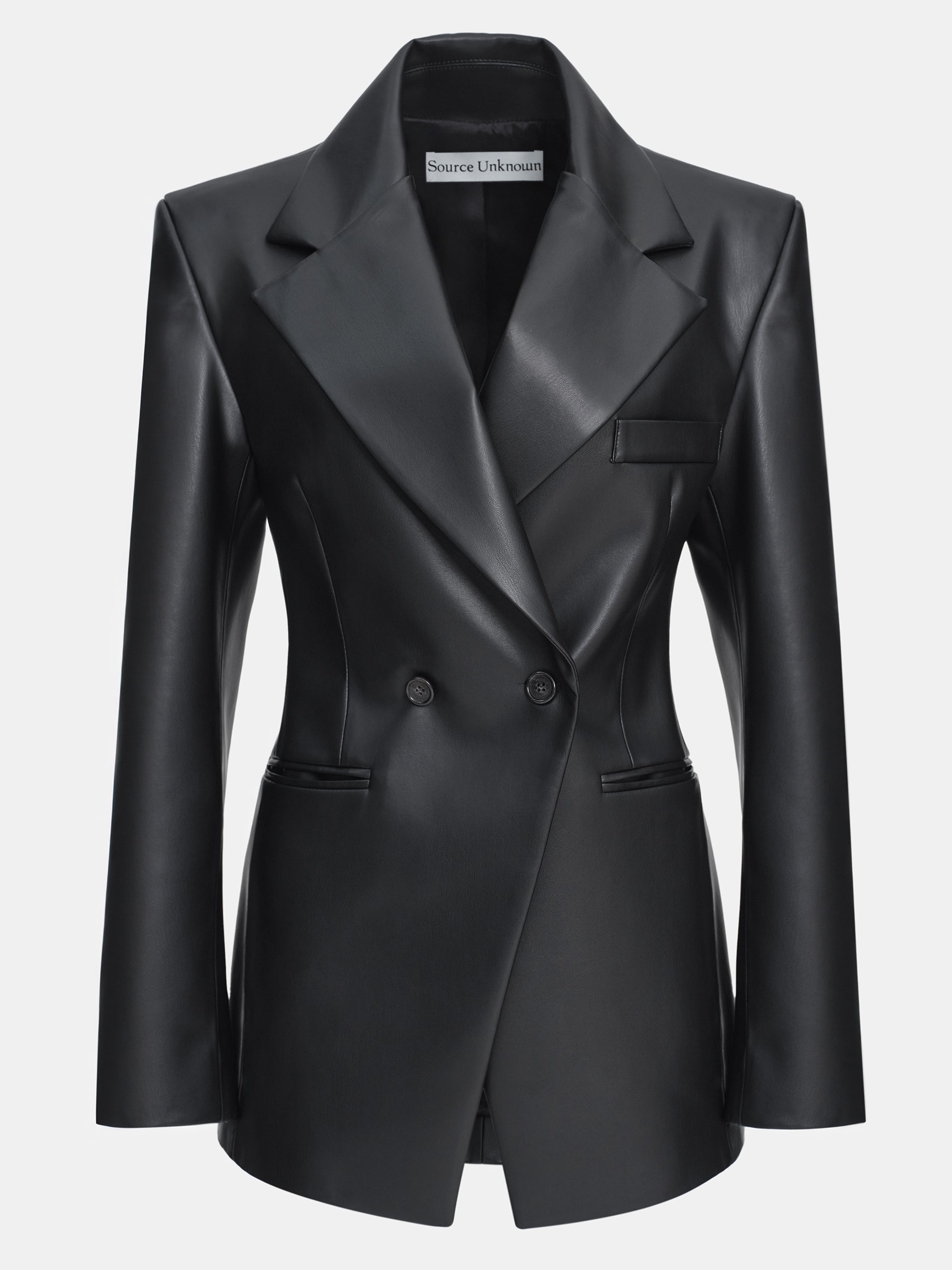 Nangy Faux-Leather Cinched Blazer, Black
