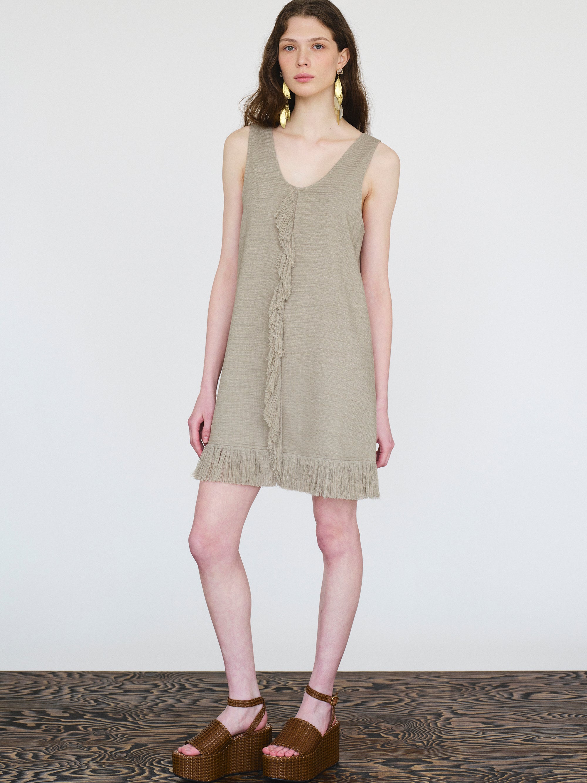 Fringed Slub Linen Dress, Natural