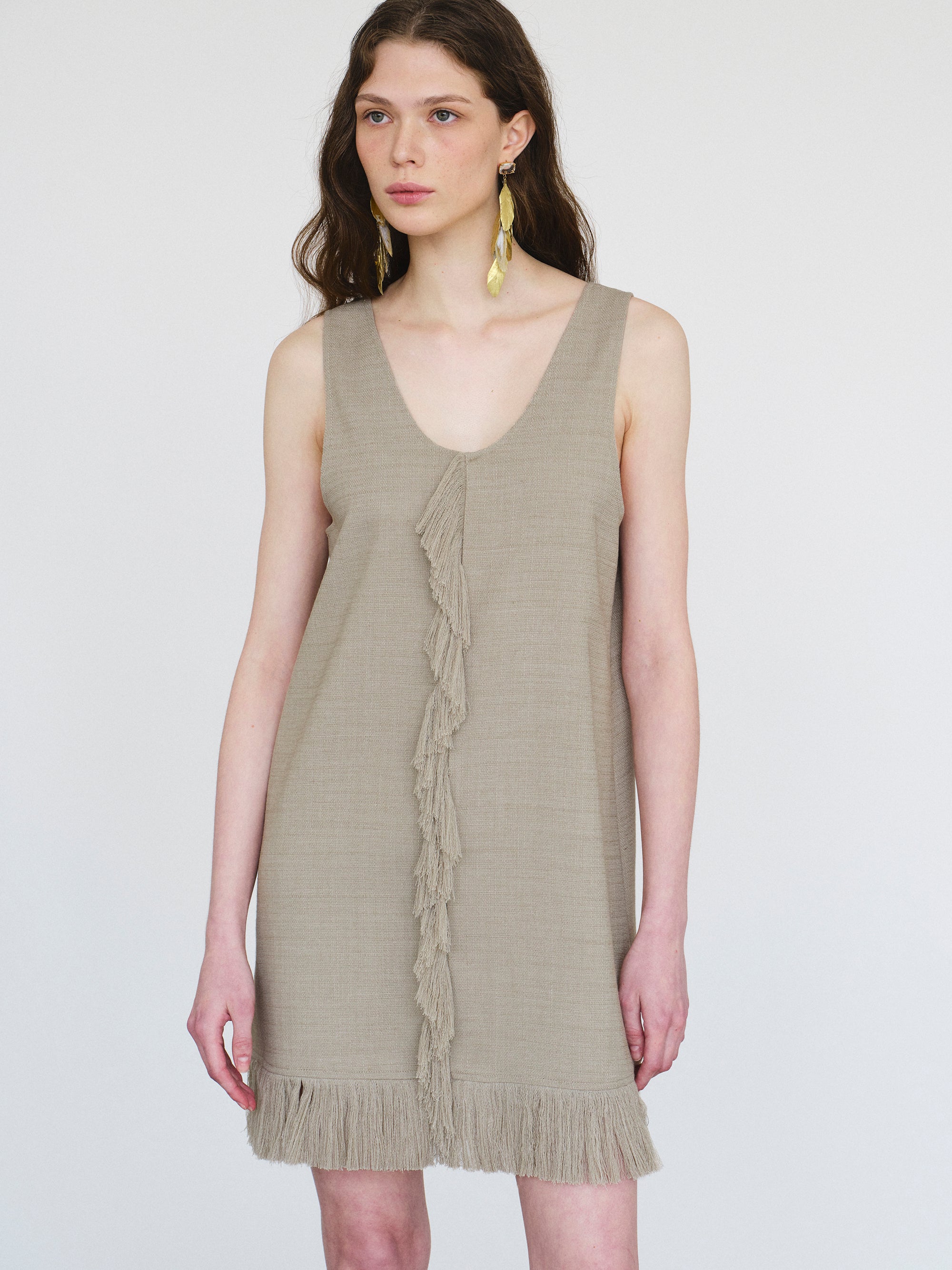 Fringed Slub Linen Dress, Natural