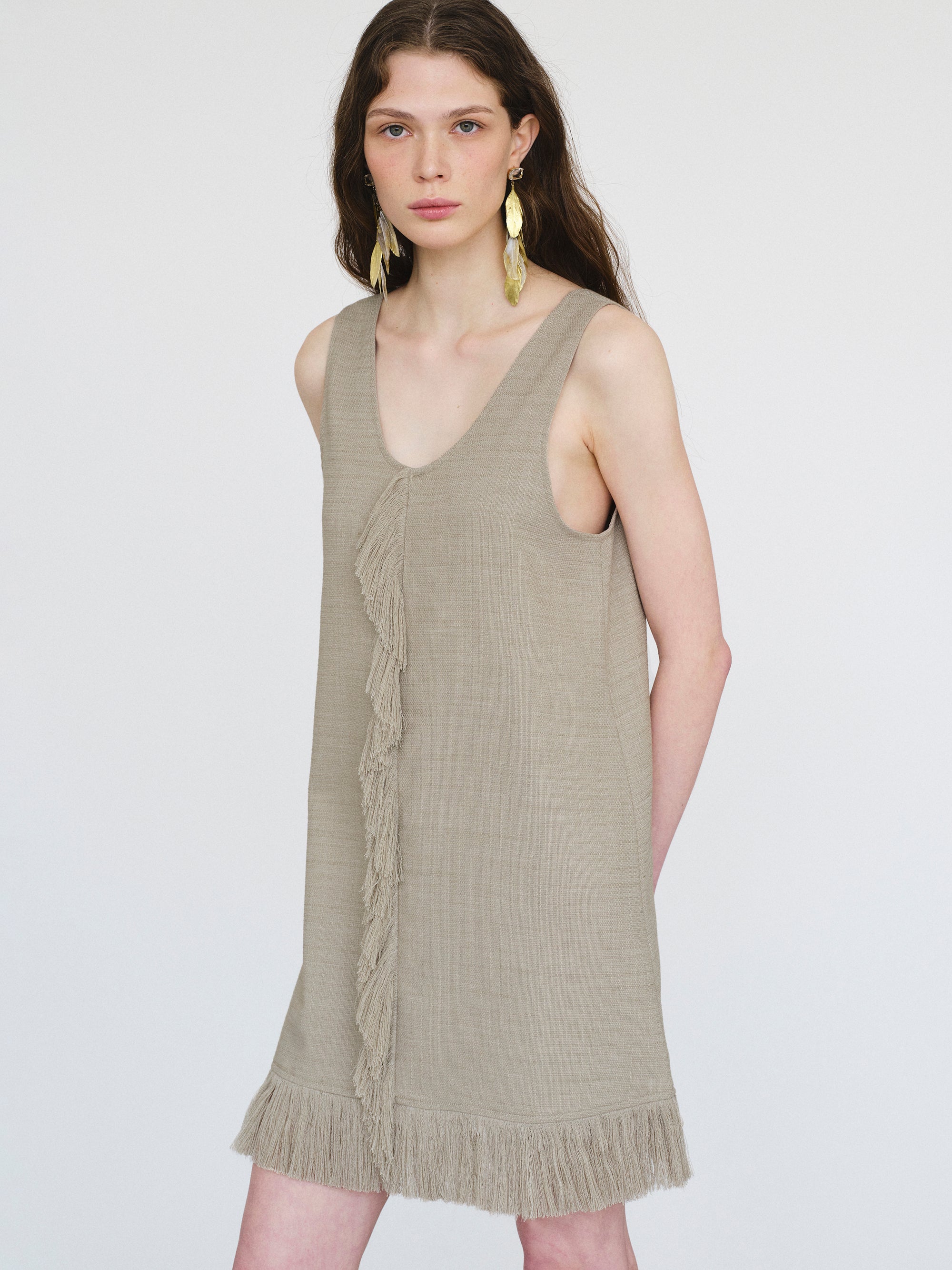 Fringed Slub Linen Dress, Natural