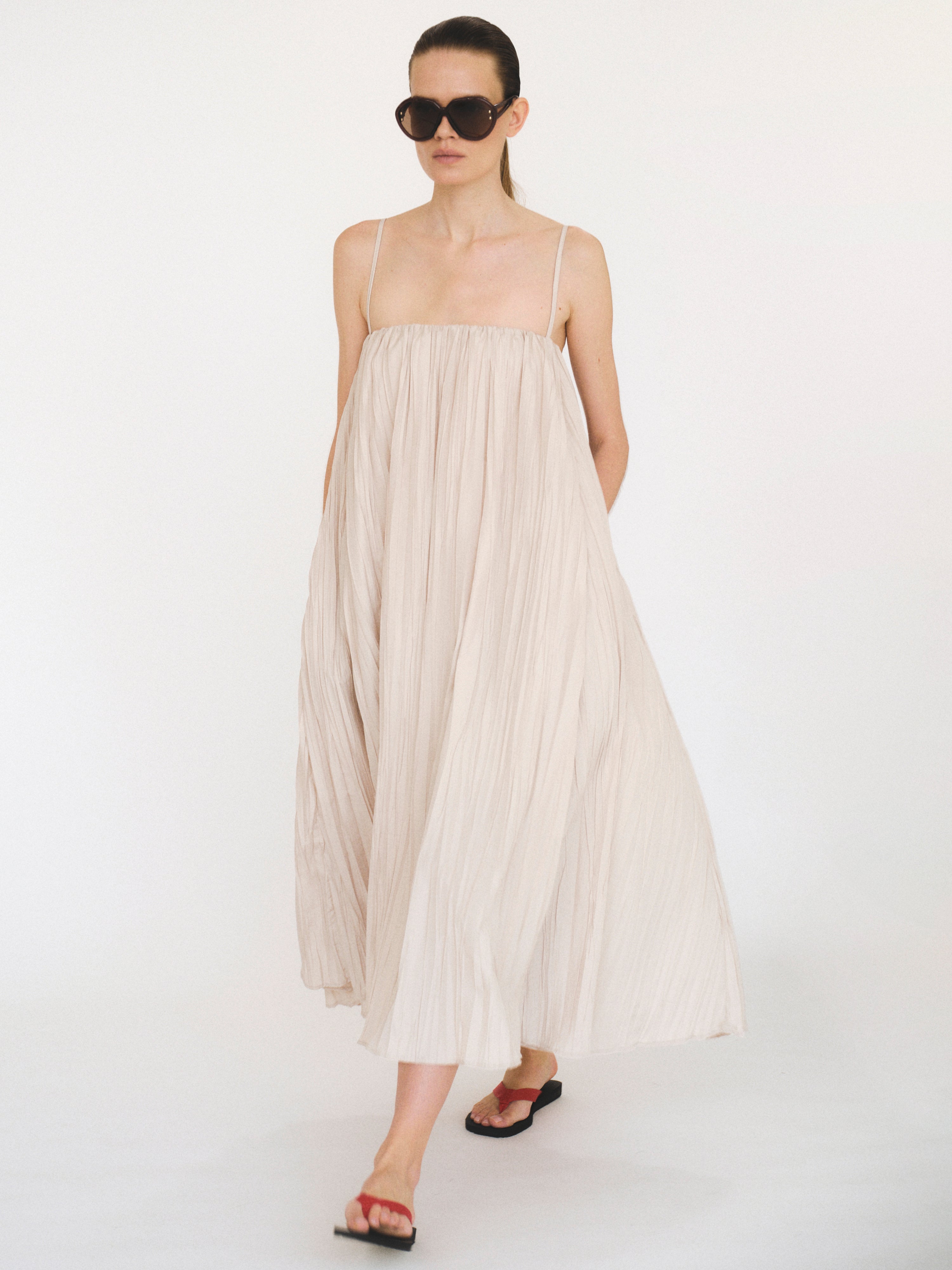 pleated camisole dress Women's Diana Pleated Camisole Twill Midi Dress S/M/L White/Black MEAN BLVD S / Black