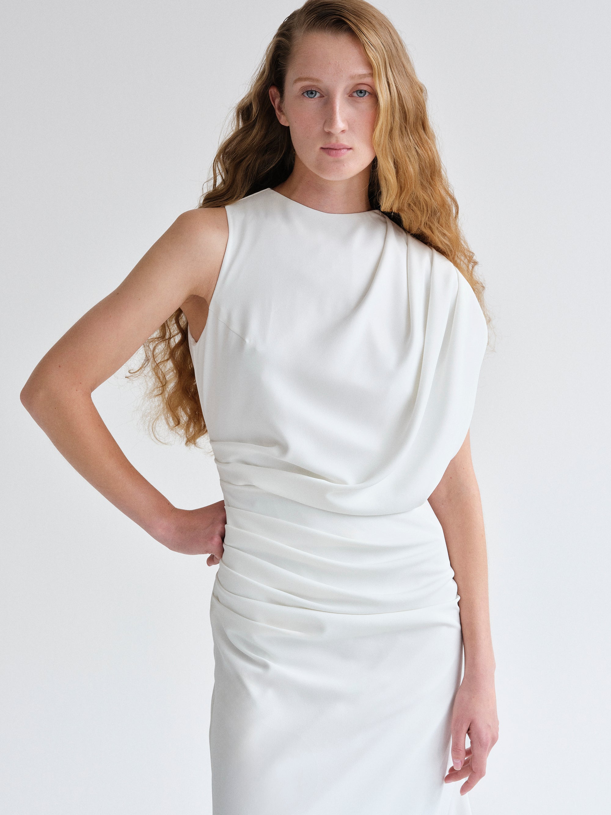 Asymmetric Draped Dress, White
