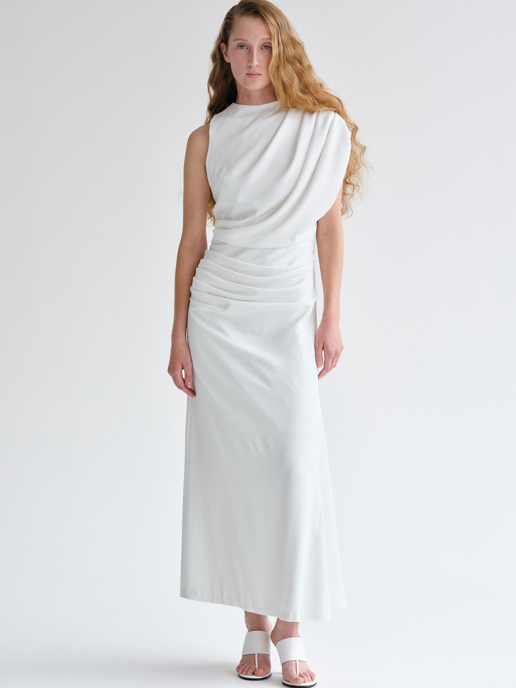 Asymmetric Draped Dress, White