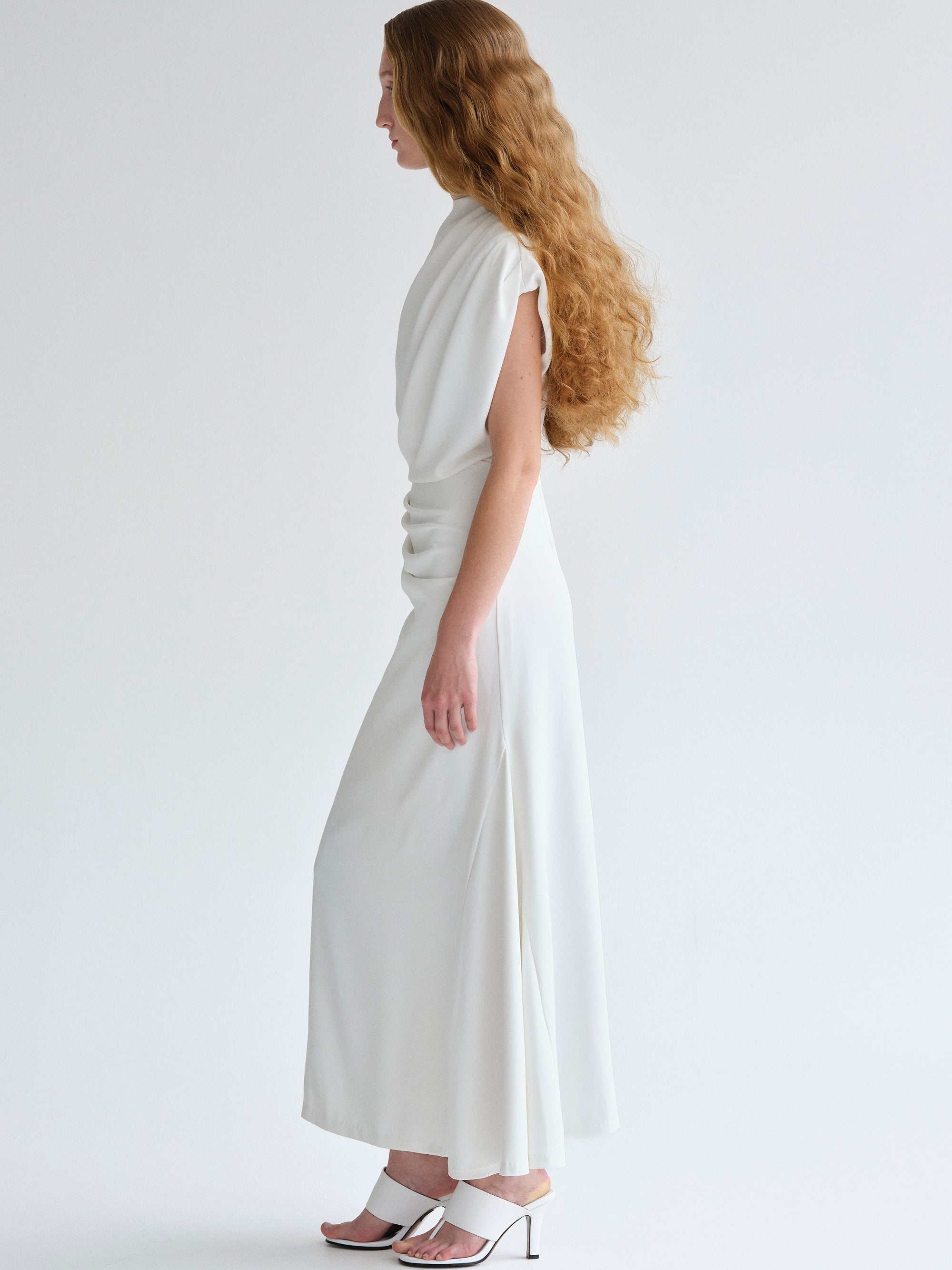 Asymmetric Draped Dress, White