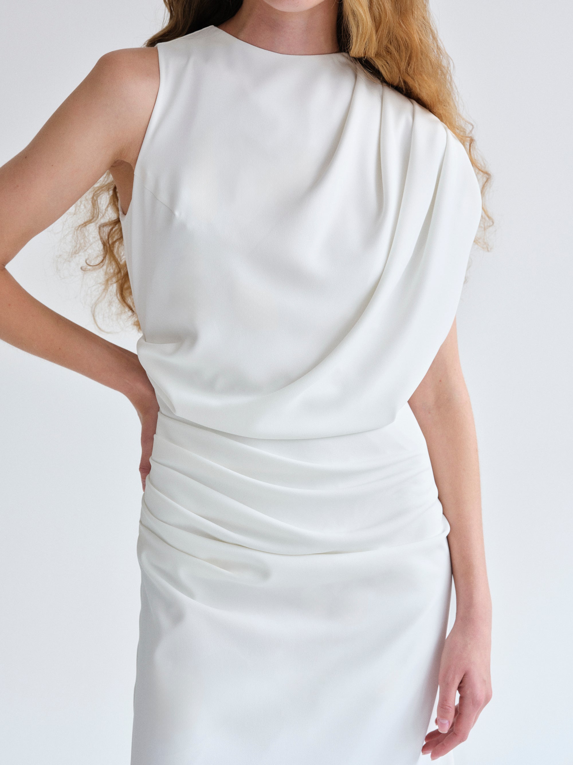 Asymmetric Draped Dress, White