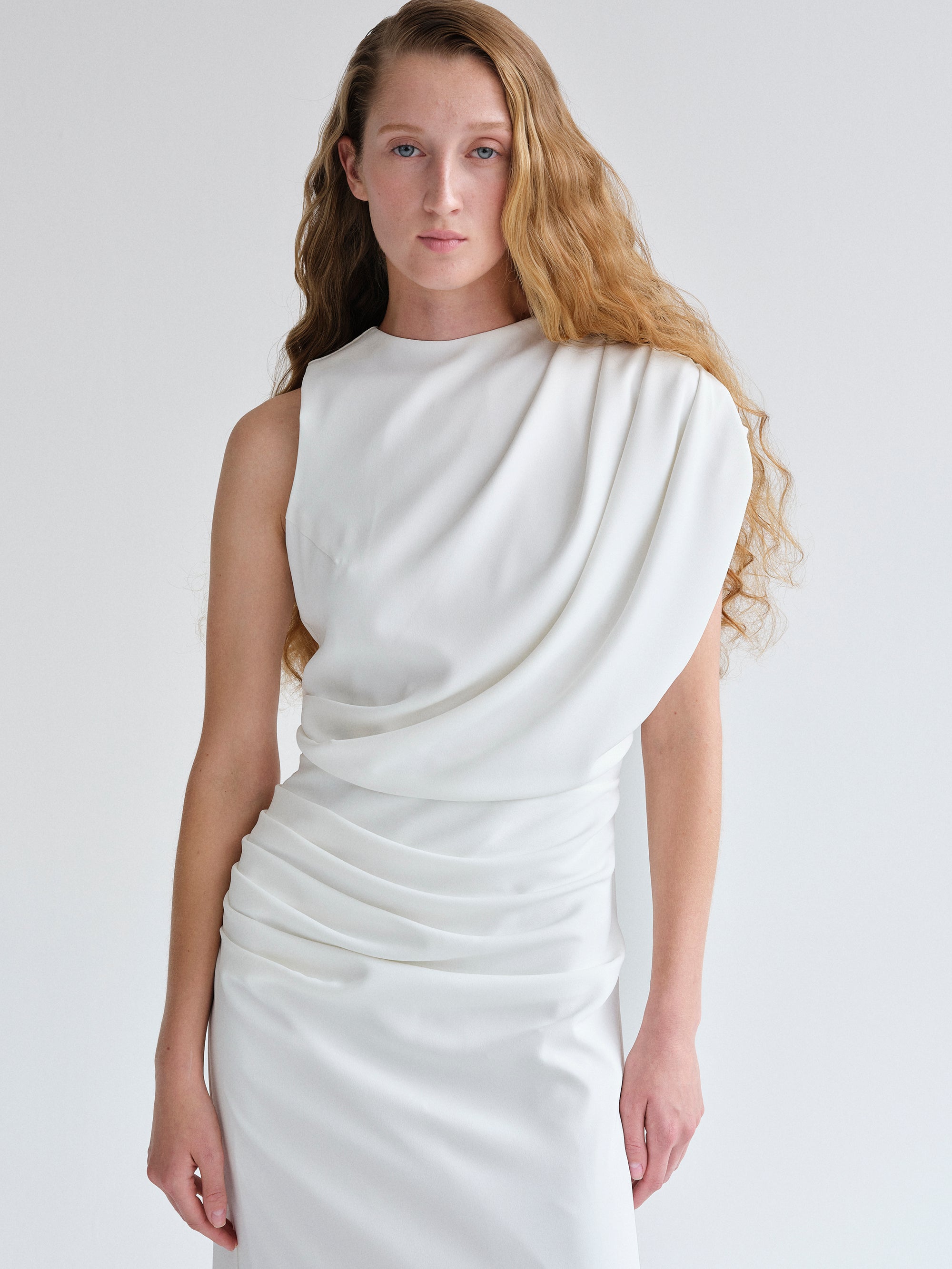 Asymmetric Draped Dress, White