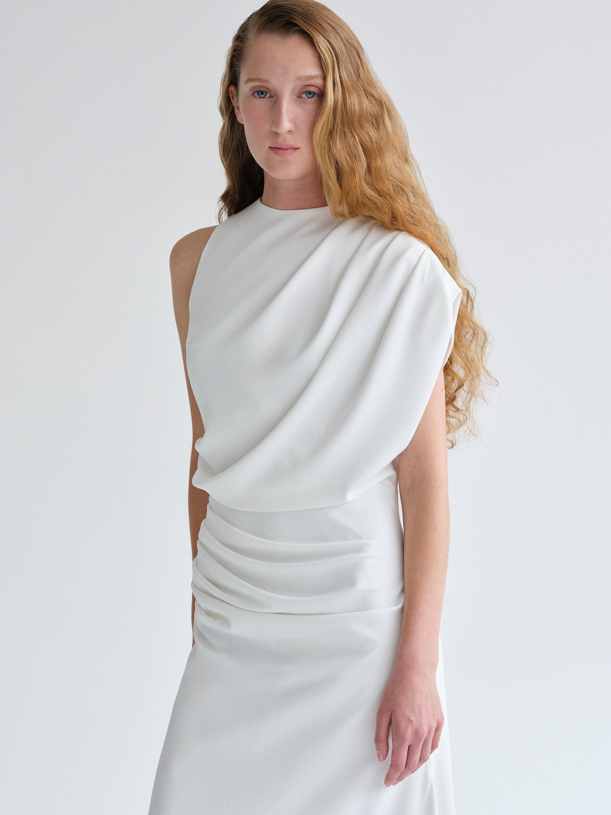 Asymmetric Draped Dress, White