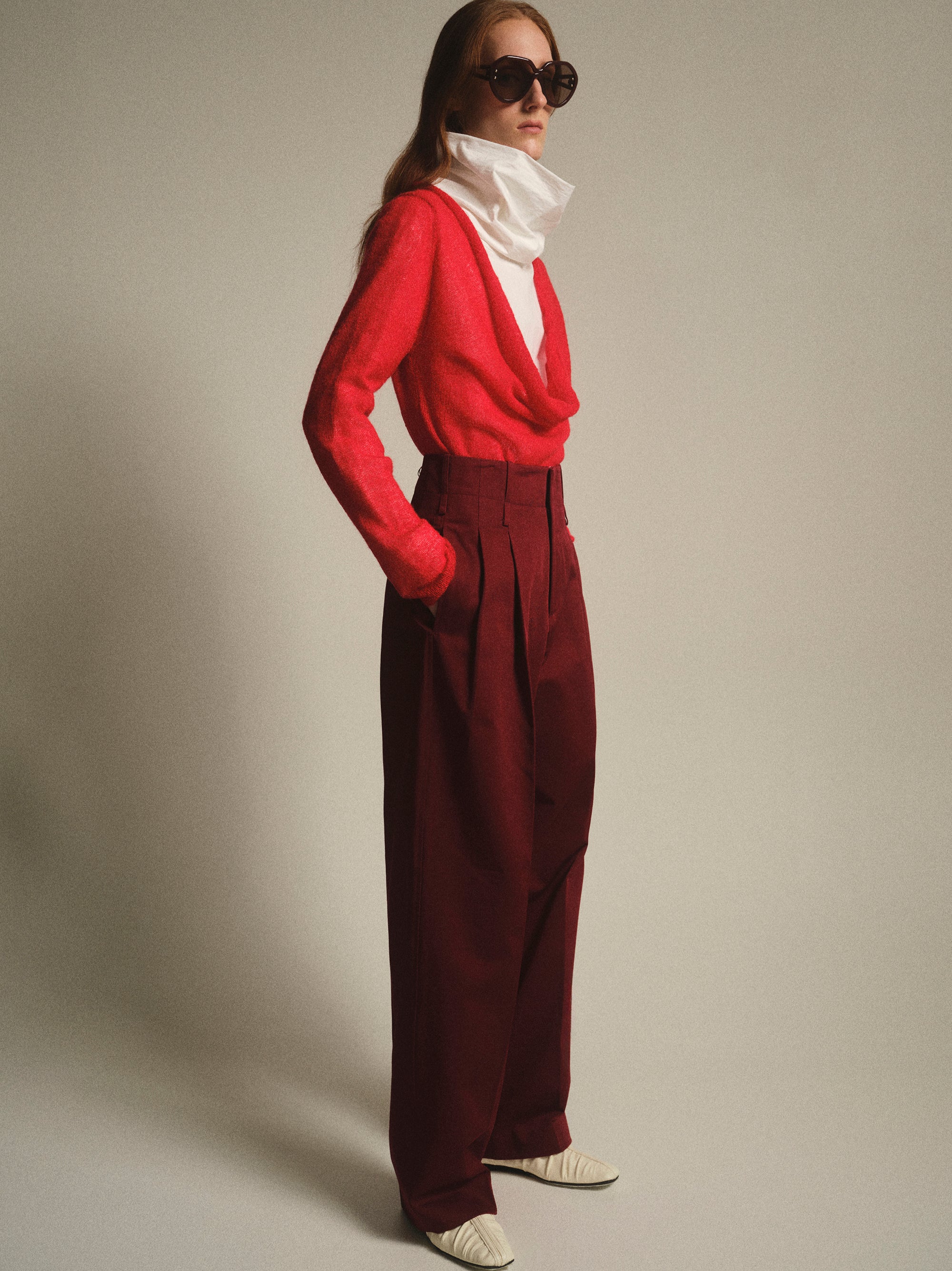 Double Waistband Chino Trousers, Burgundy