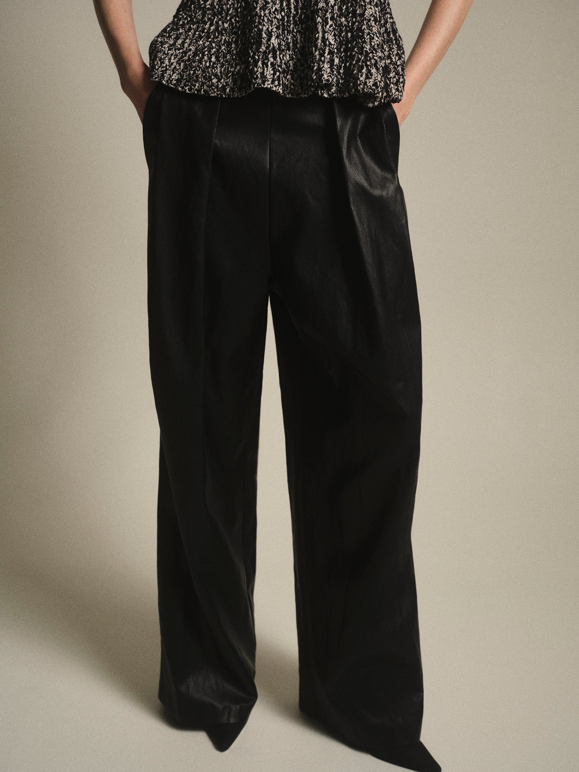 Pleated Croc-Effect Leather Pants, Black