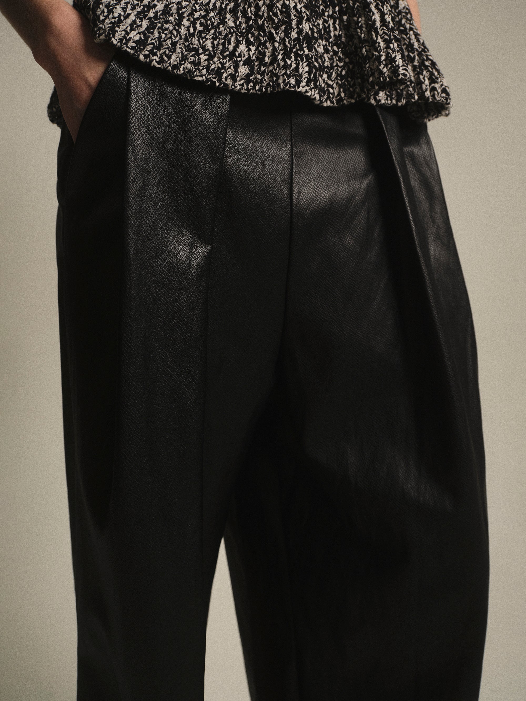 Pleated Croc-Effect Leather Pants, Black