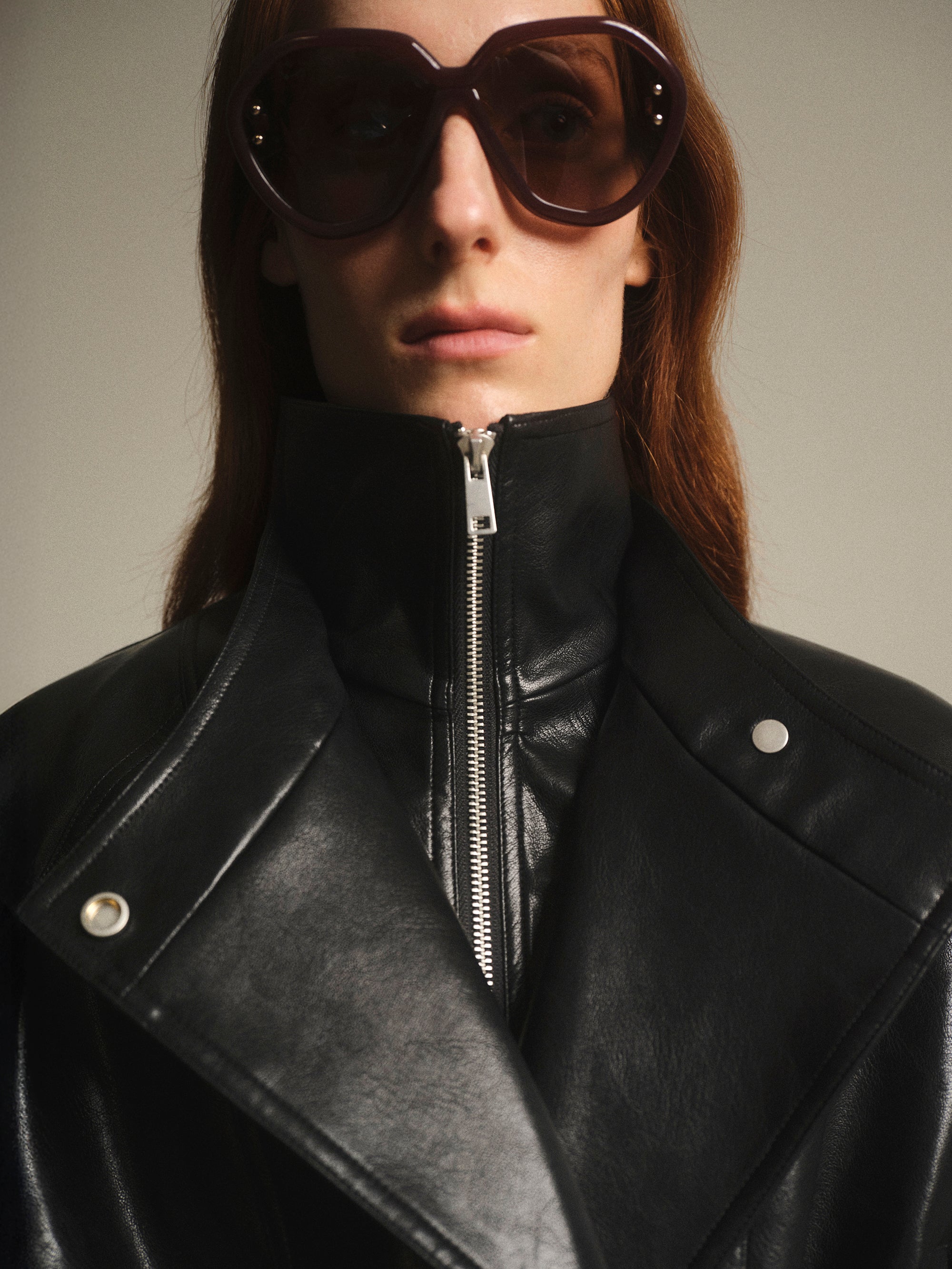 High Collar Faux-Leather Jacket, Black