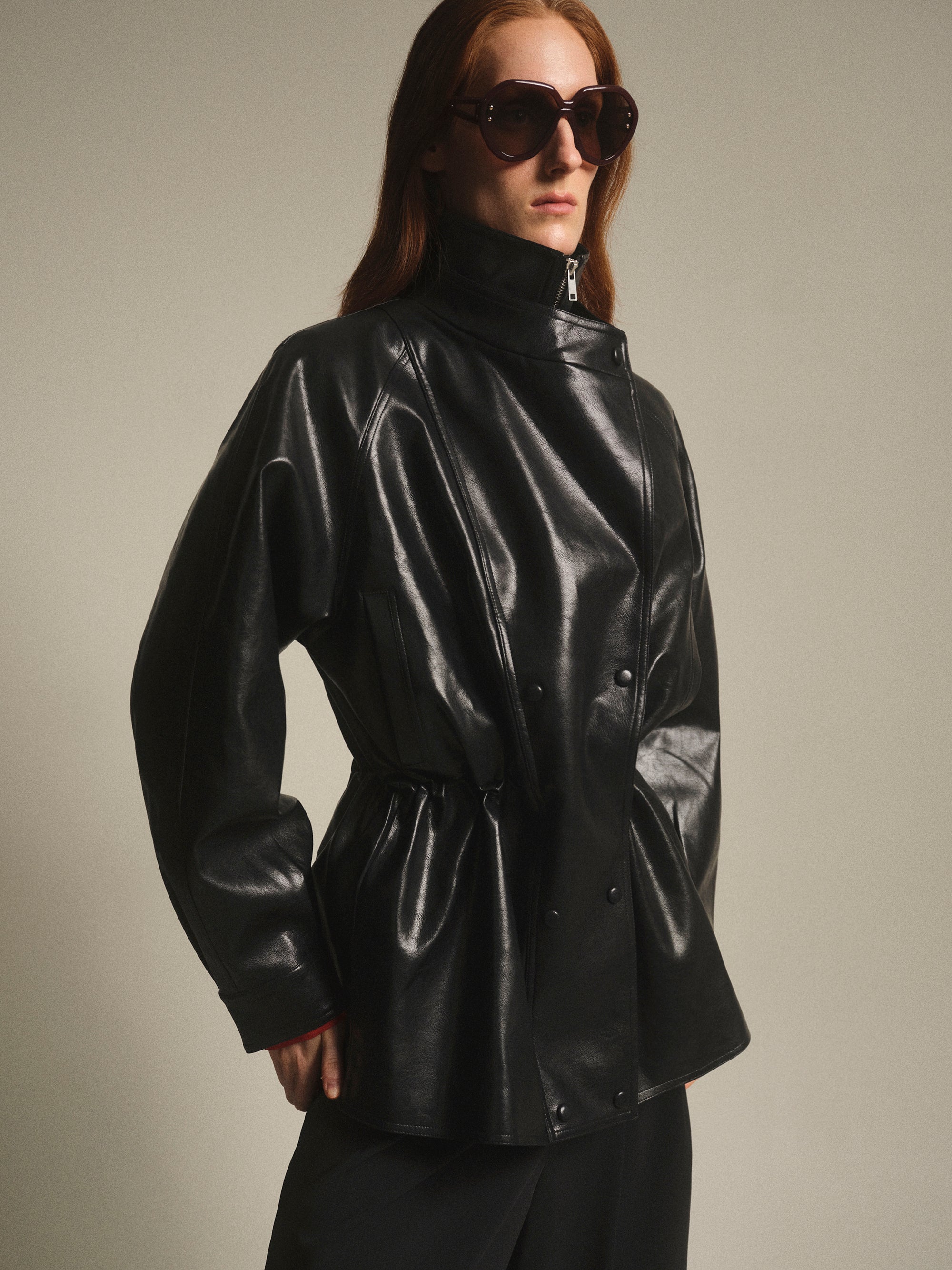 High Collar Faux-Leather Jacket, Black