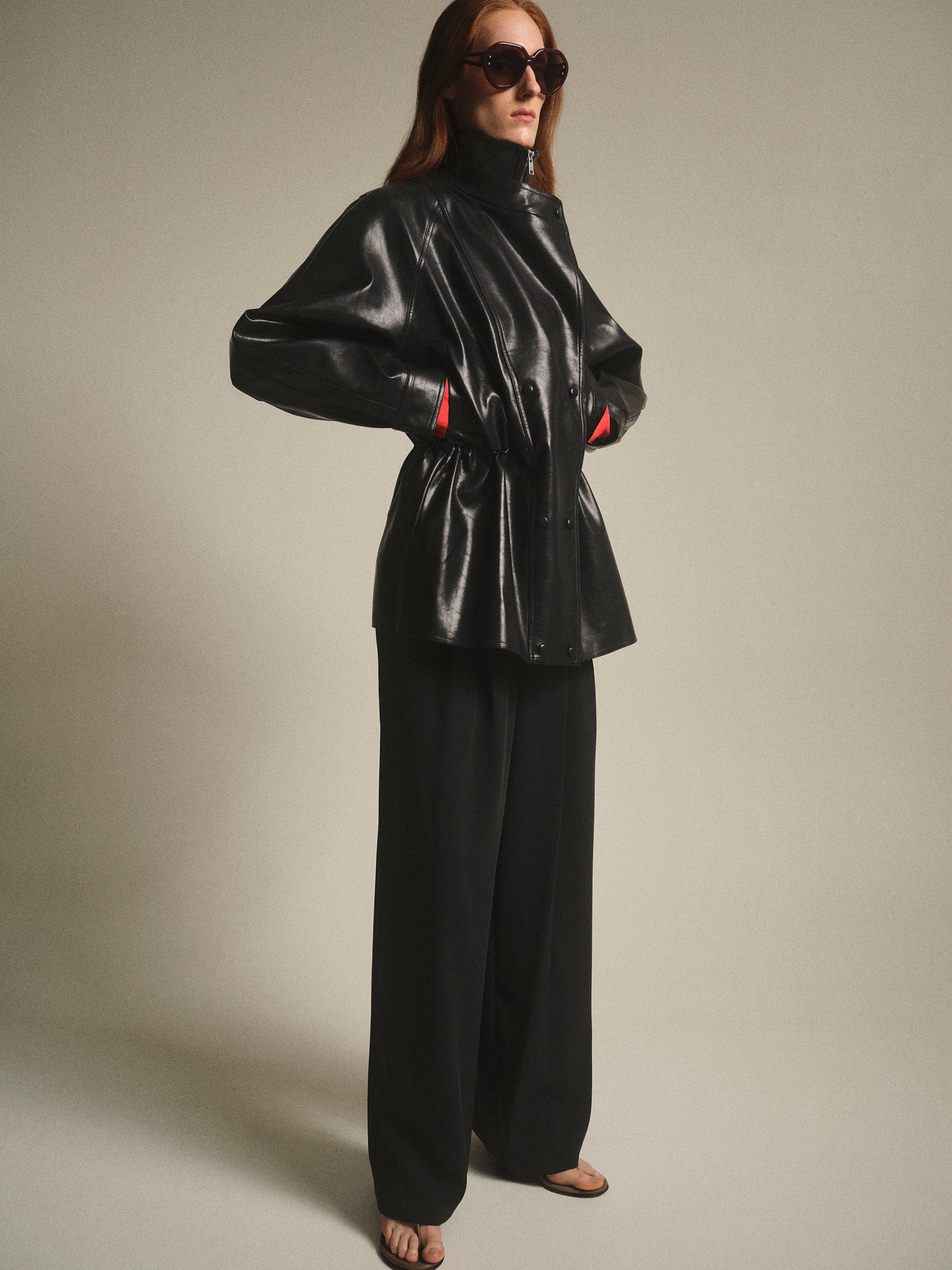 High Collar Faux-Leather Jacket, Black