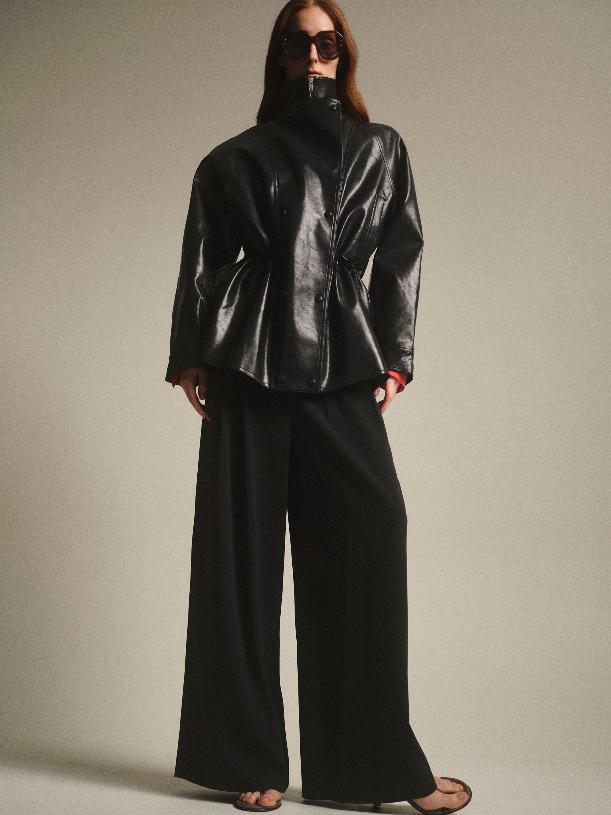 High Collar Faux-Leather Jacket, Black