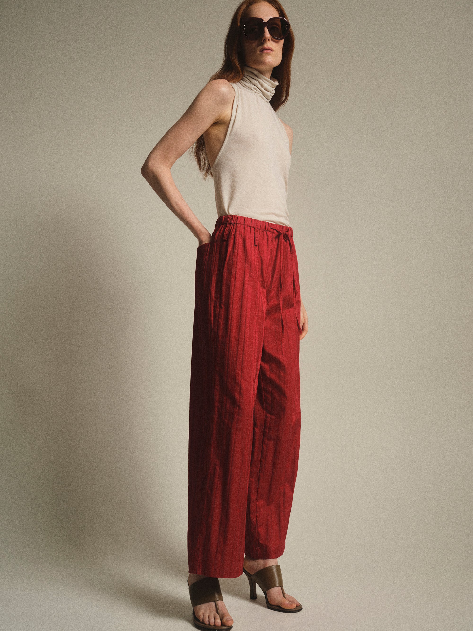 Drawstring Striped Trousers, Red